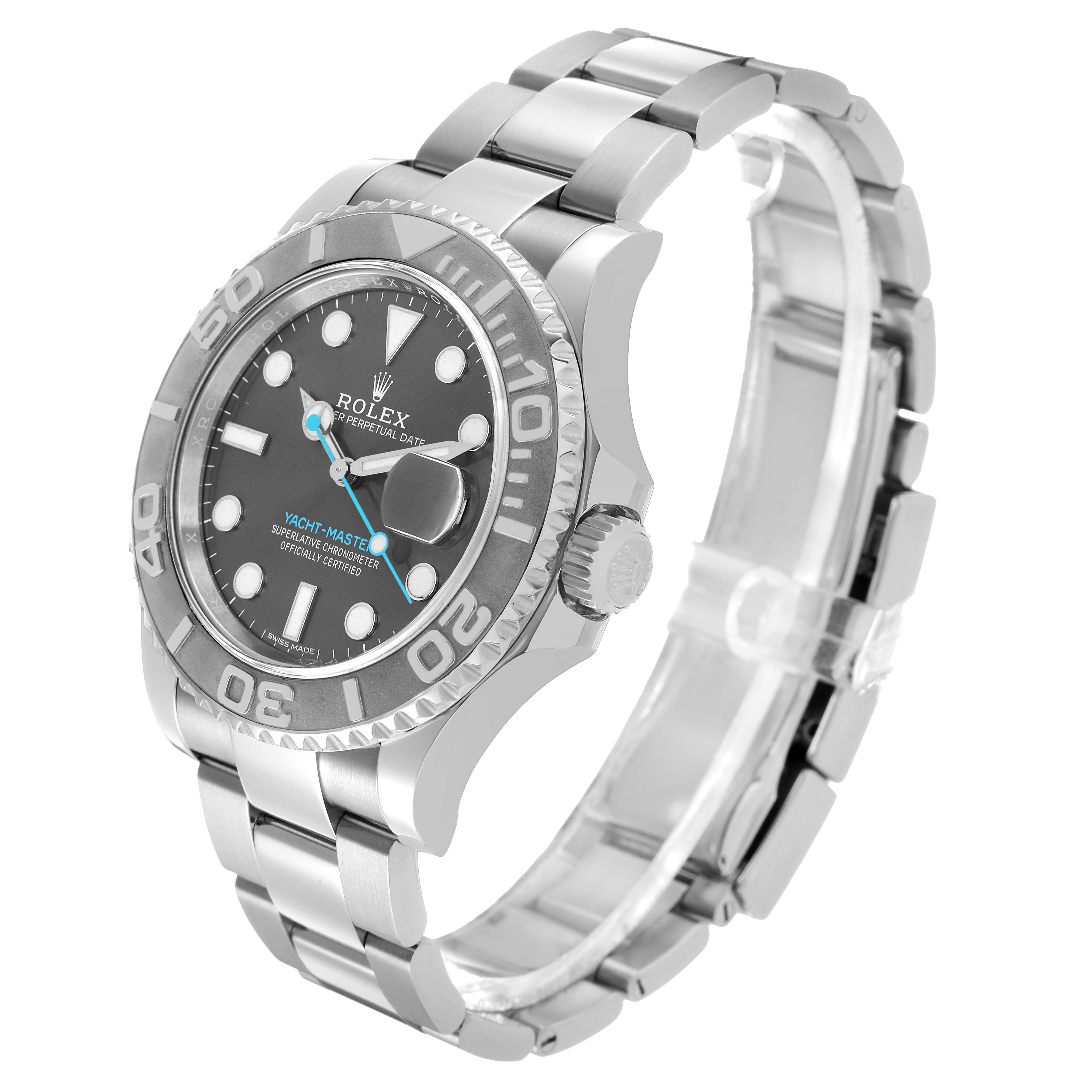 The Rolex Yacht-Master 116622 Men's Stainless Steel Grey Dial watch is shown from a side angle, displaying its bezel, dial, and bracelet.