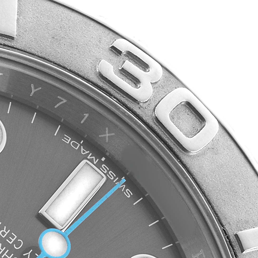 The image shows a close-up of the bezel and partial face of the Rolex Yacht-Master 116622 Men's Stainless Steel Grey Dial, highlighting the "30" marker.