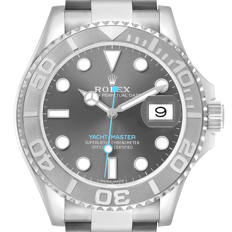The image shows a front view of the Rolex Yacht-Master 116622 Men's Stainless Steel Grey Dial watch, highlighting its dial, bezel, and crown.
