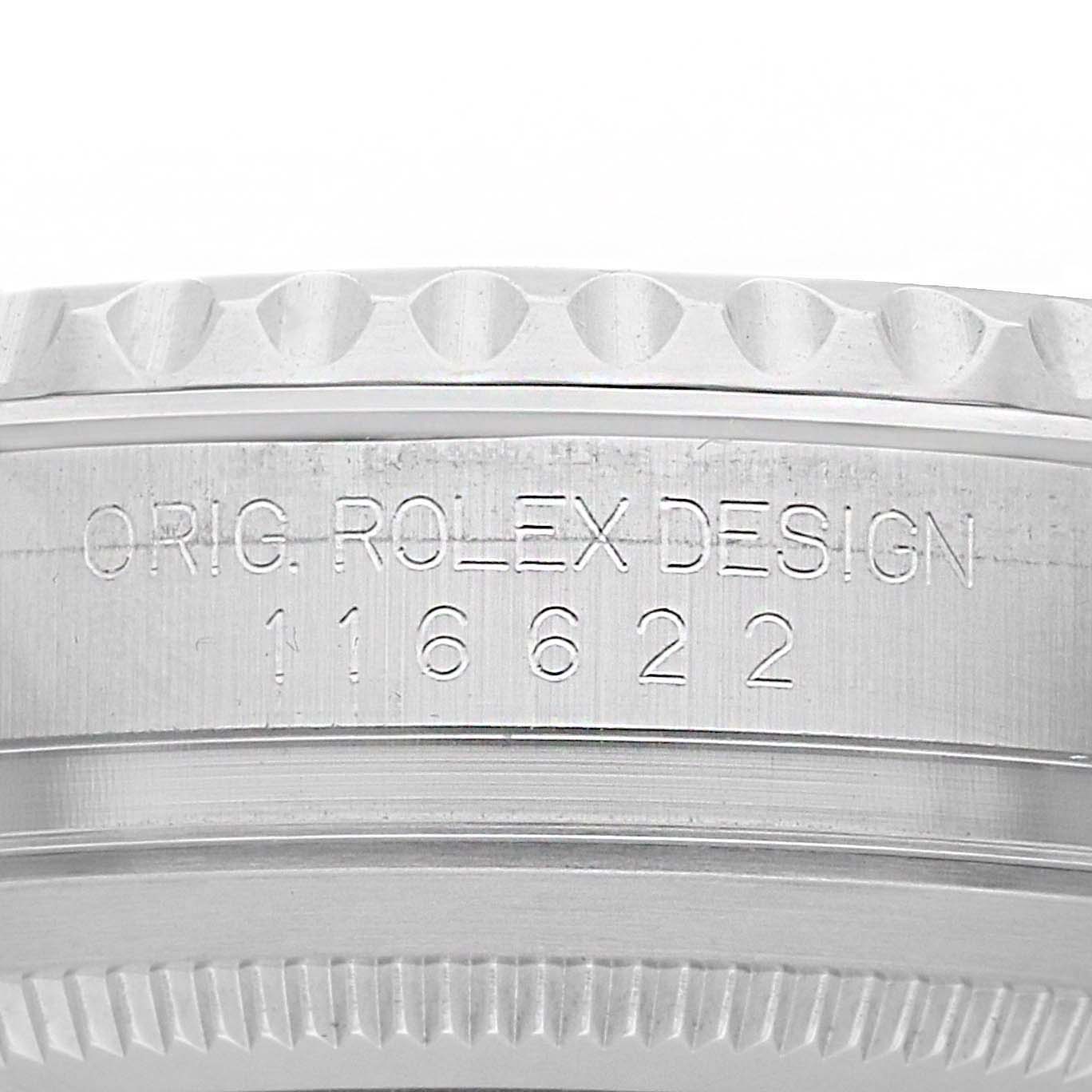 The image shows a close-up of the side view of the Rolex Yacht-Master 116622 Men's Stainless Steel Grey Dial's case, highlighting its engraved design and model number.
