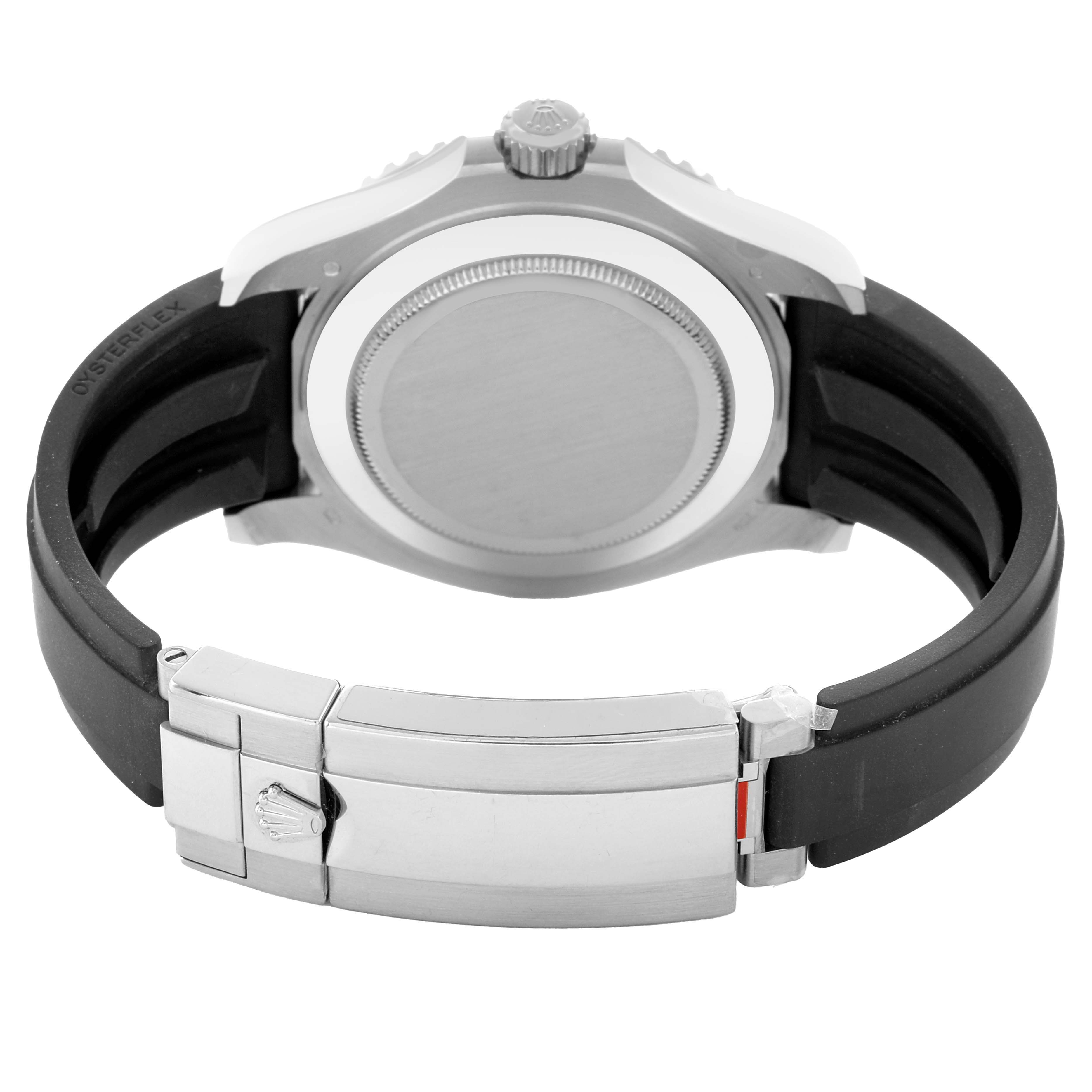 The image shows the Rolex Yacht-Master 226659 Men's White Gold Black Dial watch from the back, highlighting the case back, clasp, and rubber strap.