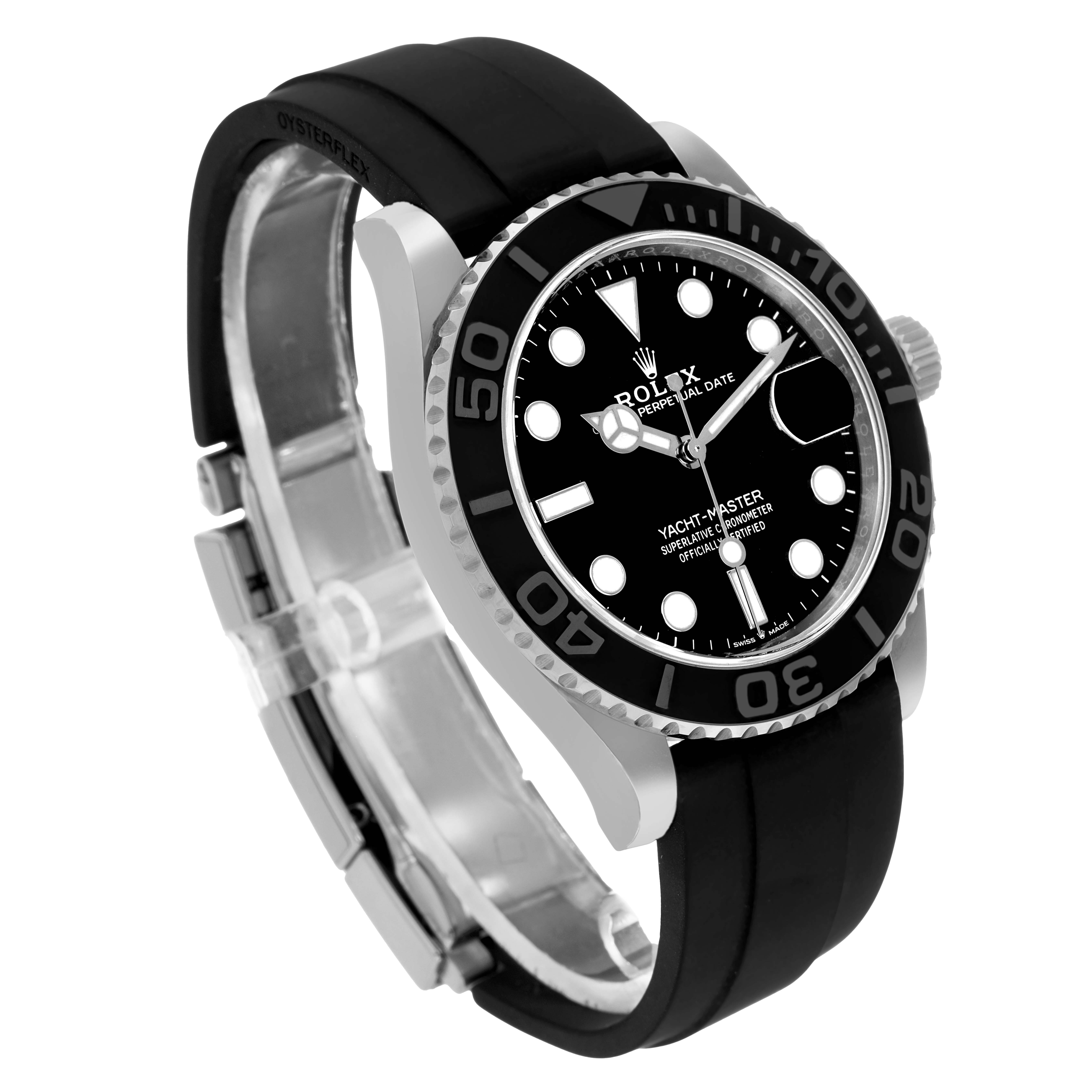 The Rolex Yacht-Master 226659 Men's White Gold Black Dial watch is shown at a three-quarter angle, displaying the face, bezel, crown, and black strap.