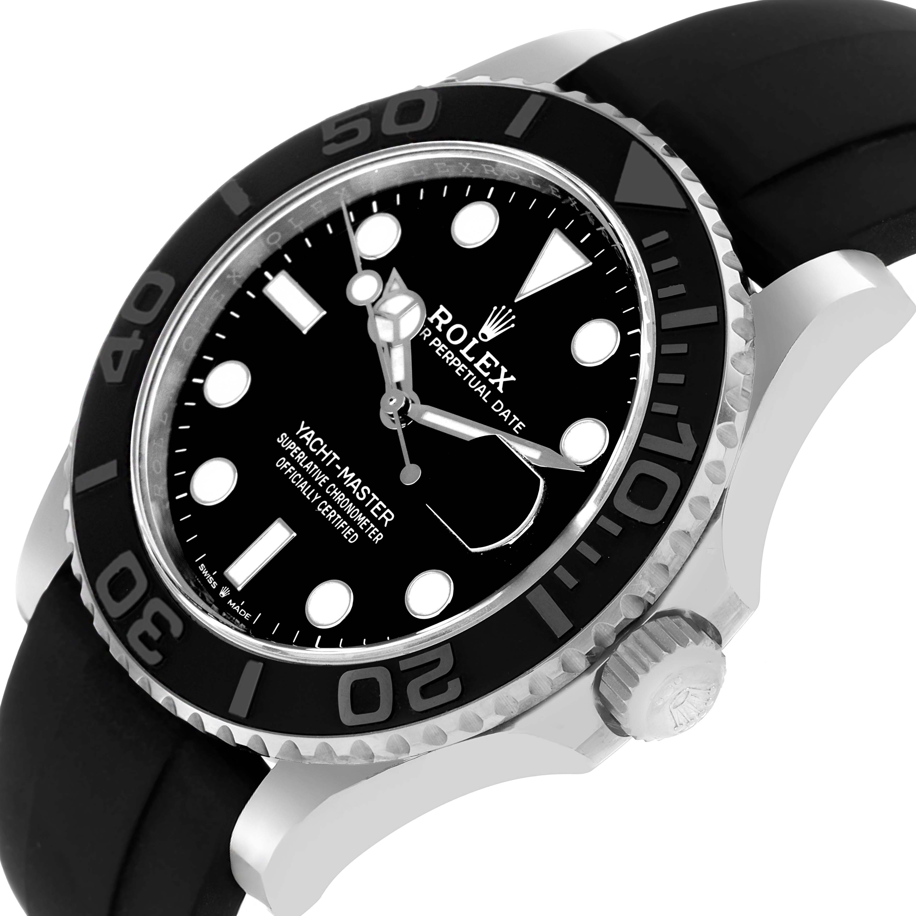 The Rolex Yacht-Master 226659 Men's White Gold Black Dial watch is shown at a slight angle, highlighting the face, bezel, crown, and strap.