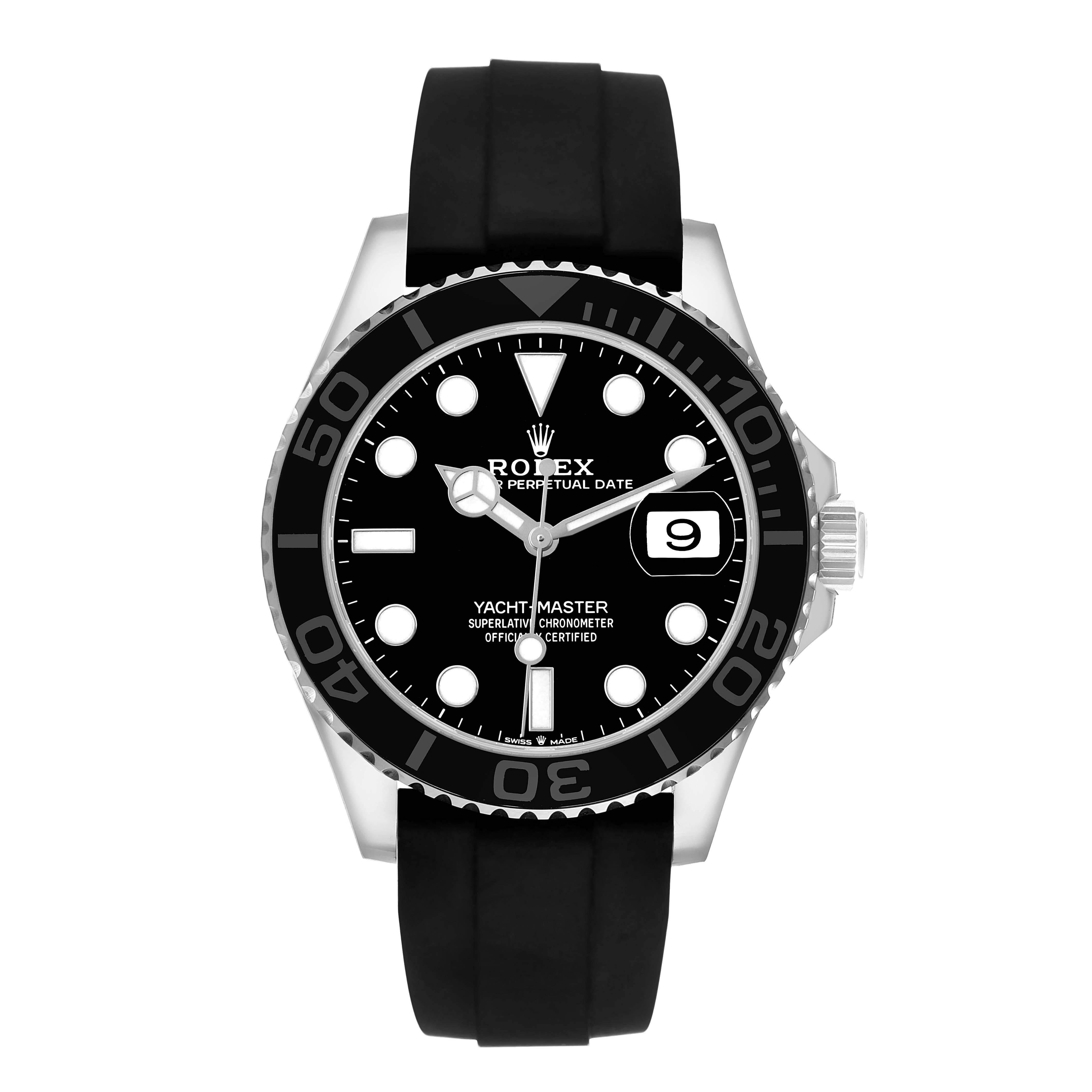 The Rolex Yacht-Master 226659 Men's White Gold Black Dial watch is shown from a front view, displaying the dial, bezel, and black strap.