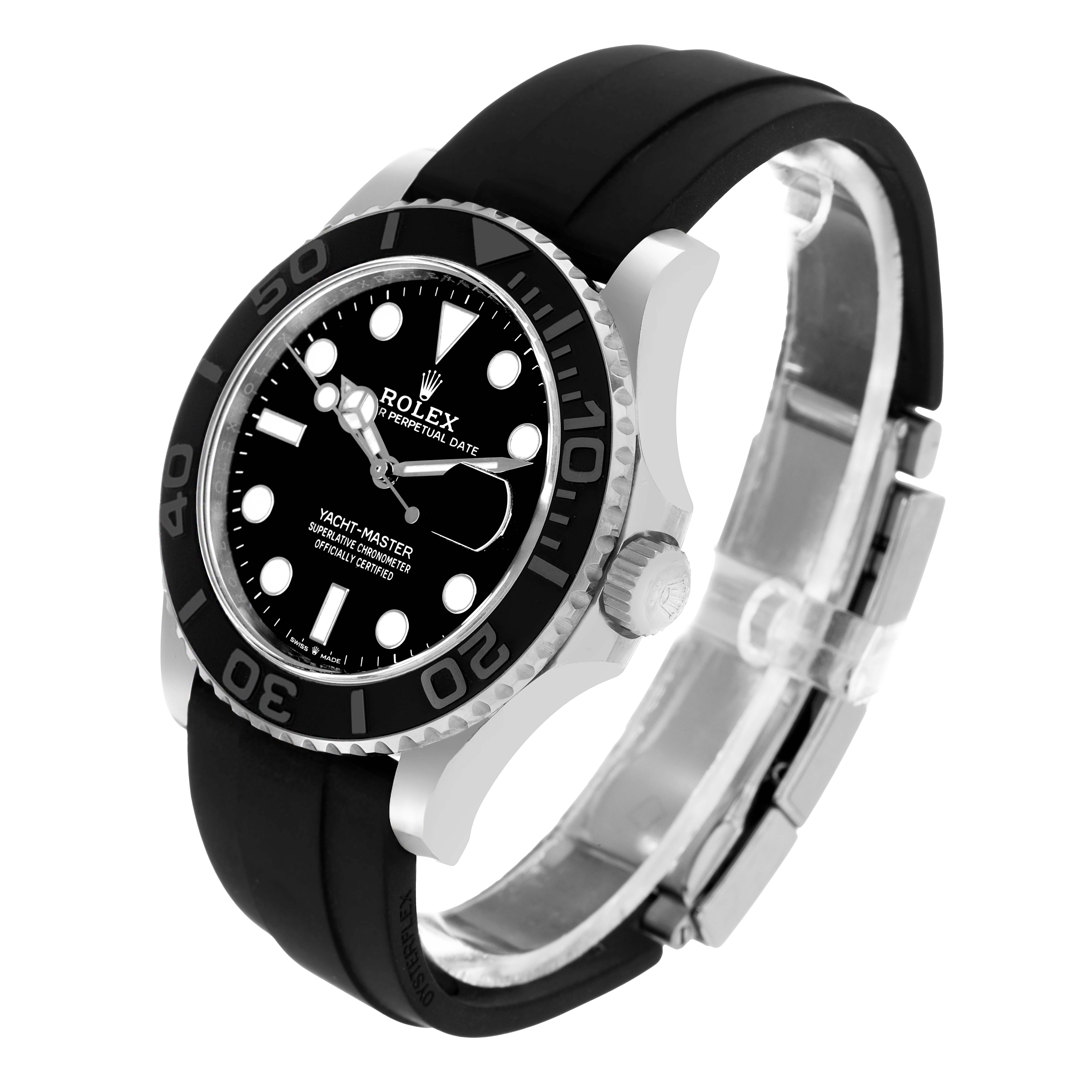 The Rolex Yacht-Master 226659 Men's White Gold Black Dial watch is shown in a three-quarter angle, highlighting the face, crown, and bracelet.