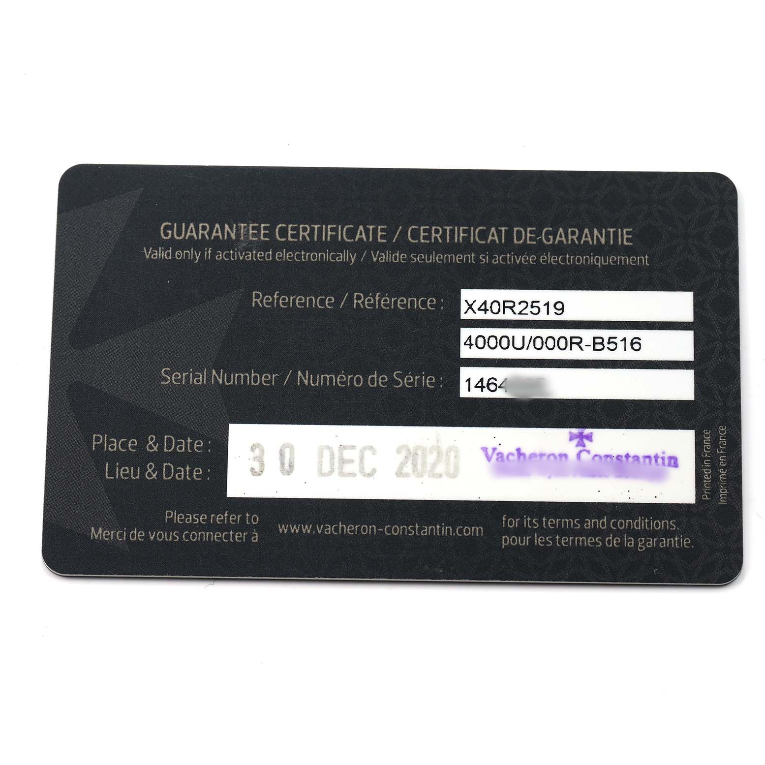 The image shows a guarantee certificate for a Vacheron Constantin Patrimony 4000U Men
s Rose Gold Blue Dial watch.