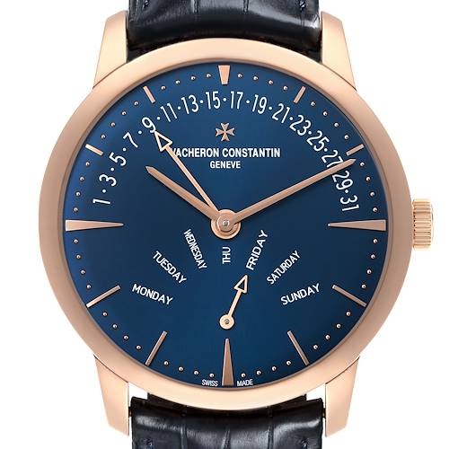 The Vacheron Constantin Patrimony 4000U Men
s Rose Gold Blue Dial watch is shown from a front angle, displaying the blue dial, gold hour markers, and day/date functions.