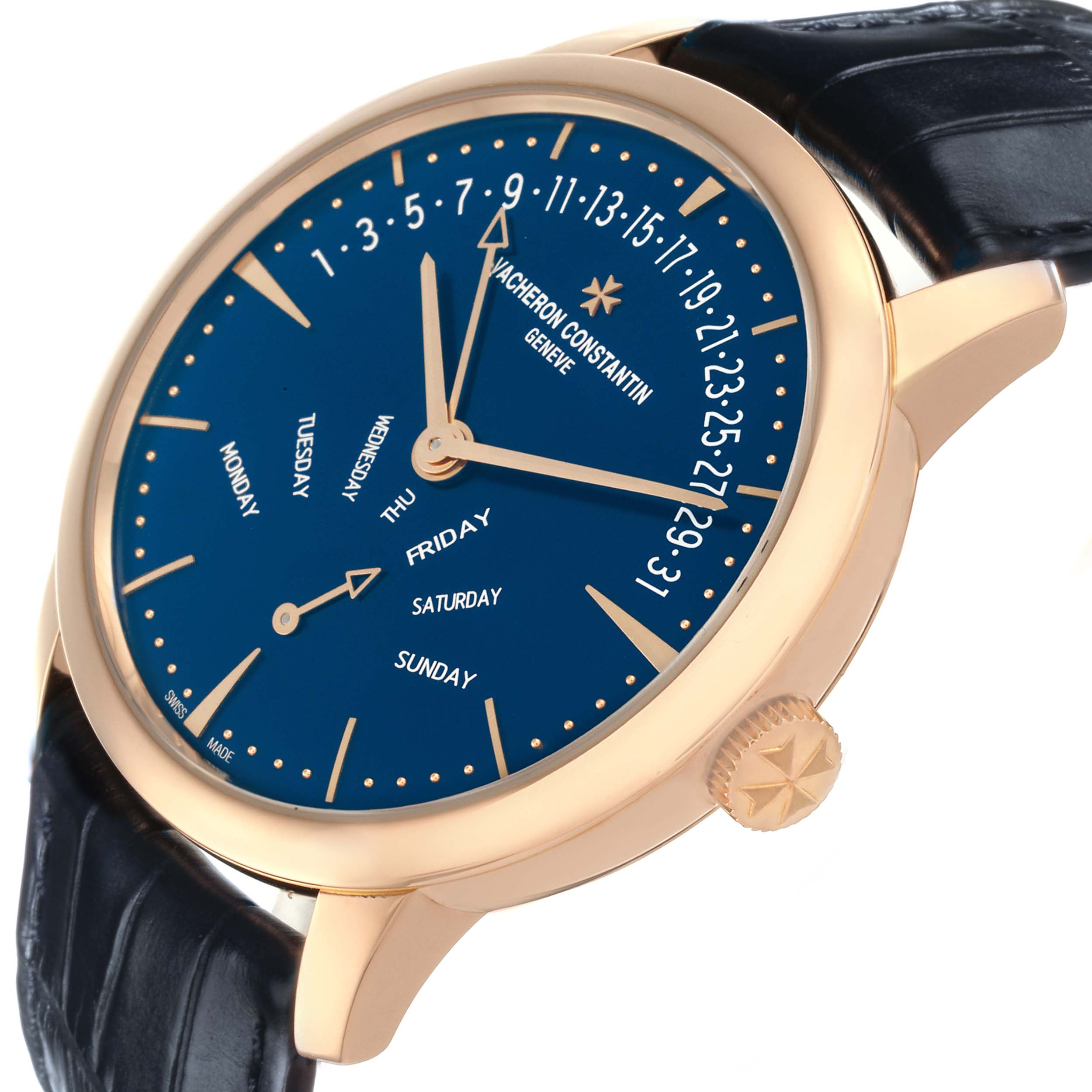 The Vacheron Constantin Patrimony 4000U Men
s Rose Gold Blue Dial watch is shown at a slight angle, featuring the dial, hands, crown, and leather strap.
