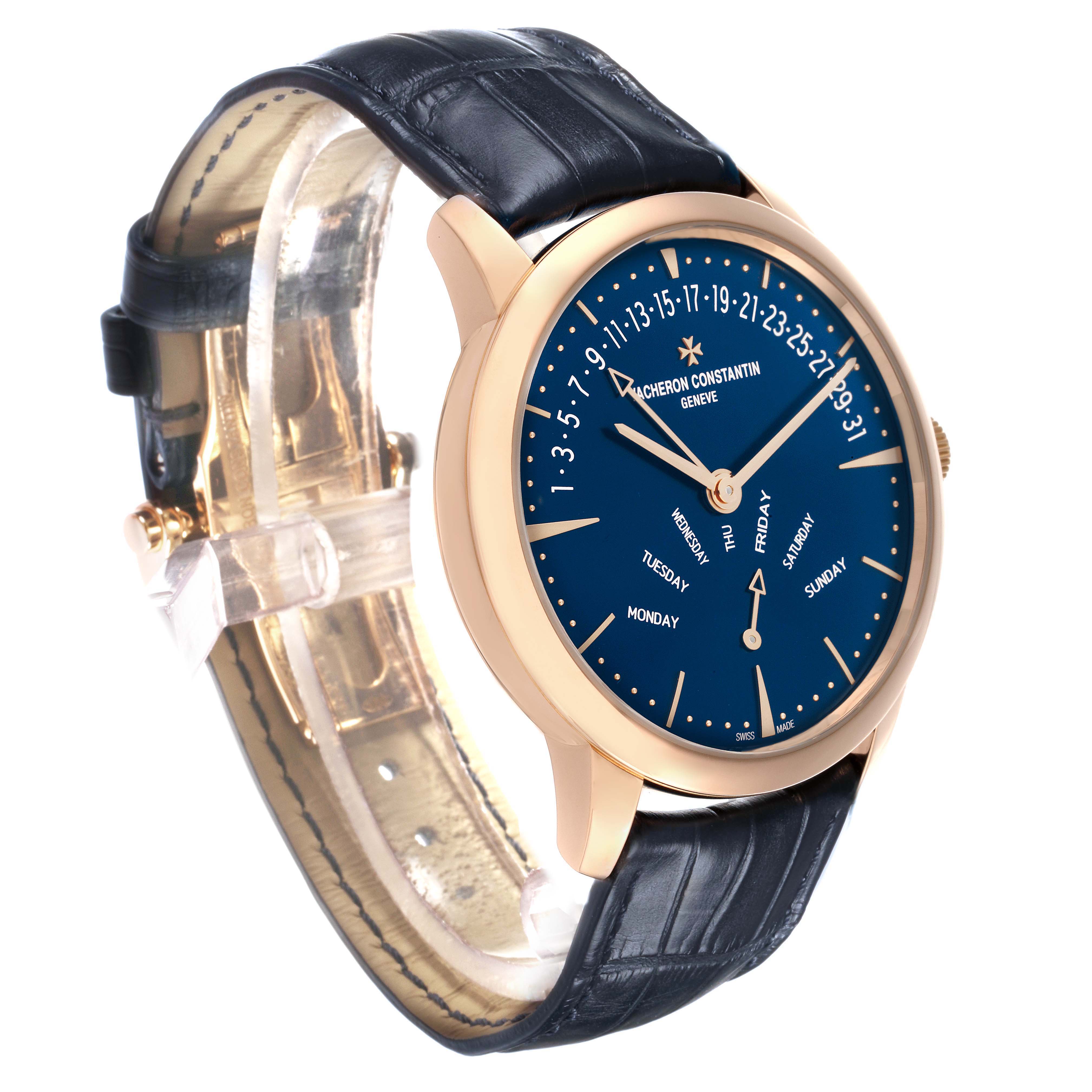 The Vacheron Constantin Patrimony 4000U Men
s Rose Gold Blue Dial watch is shown at a three-quarter angle displaying its blue dial, gold case, and black leather strap.
