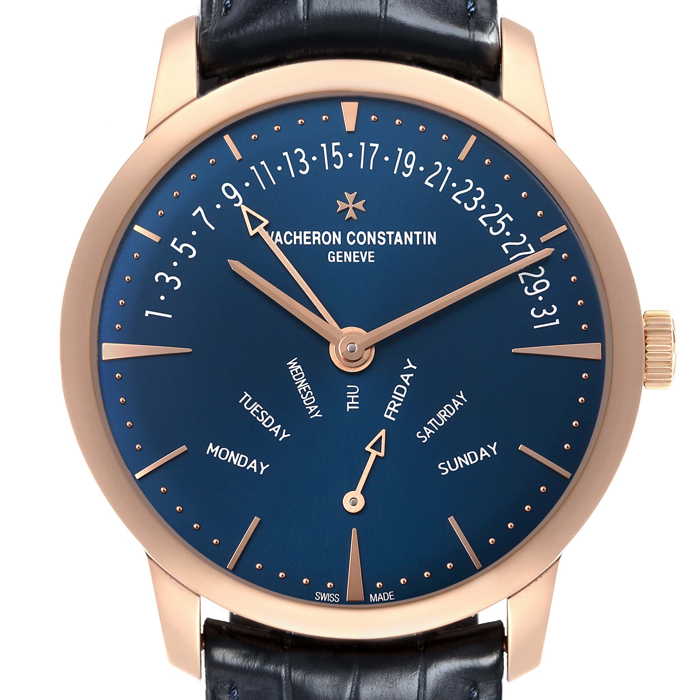 The image shows a Vacheron Constantin Patrimony 4000U Men
s Rose Gold Blue Dial watch from the front, displaying its blue dial, date, and days of the week indicators.