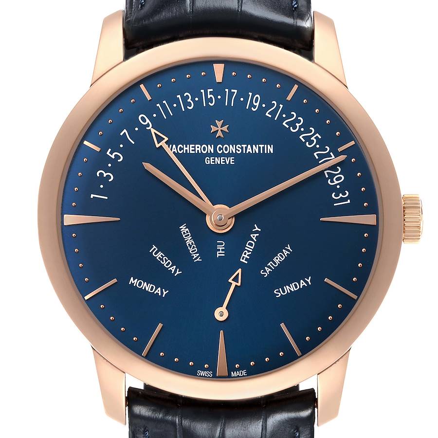 The image shows a Vacheron Constantin Patrimony 4000U Men
s Rose Gold Blue Dial watch from the front, displaying its blue dial, date, and days of the week indicators.