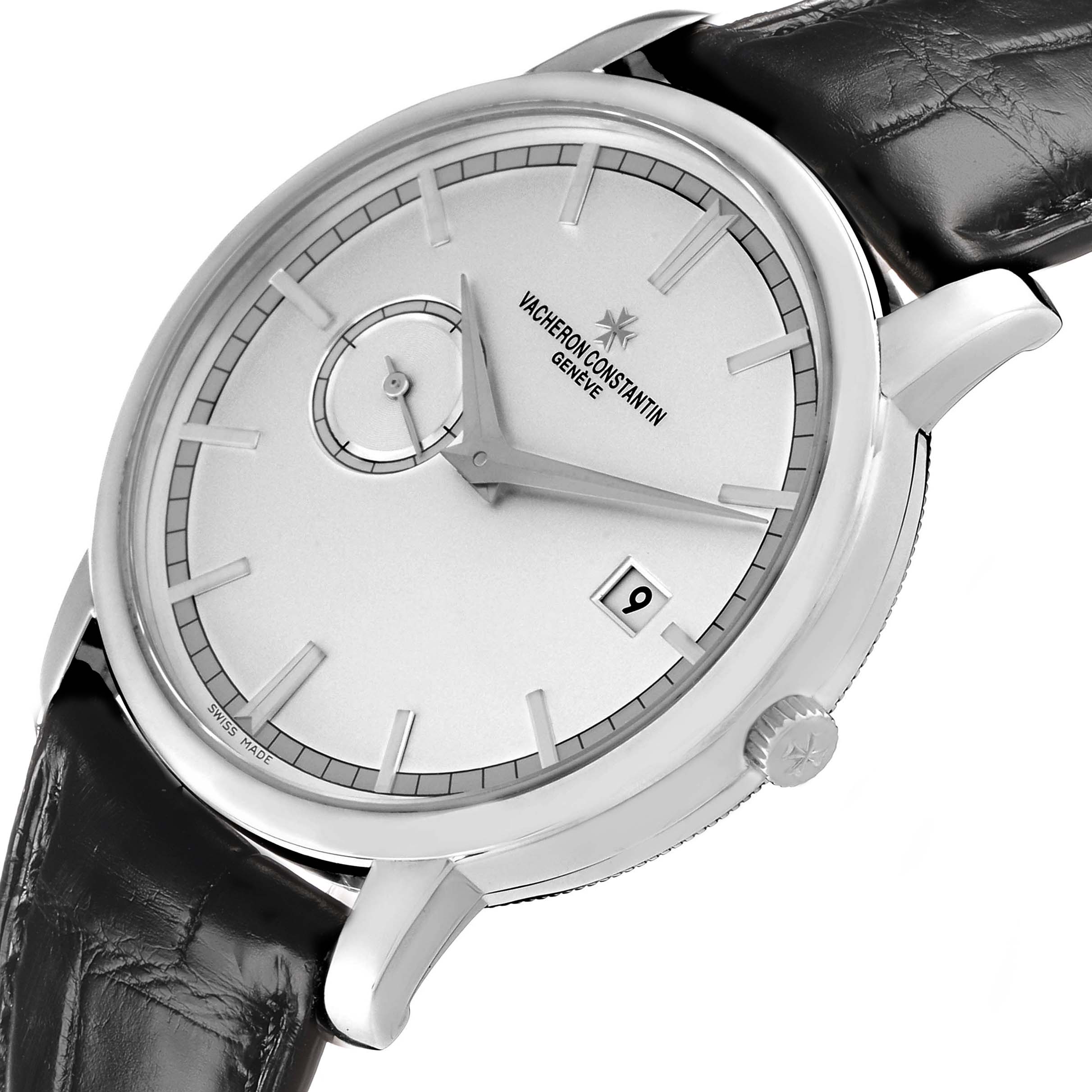 The Vacheron Constantin Traditionnelle 87172 Men's White Gold Silver Dial watch is shown at a slight angle, displaying the dial, date window, crown, and part of the strap.