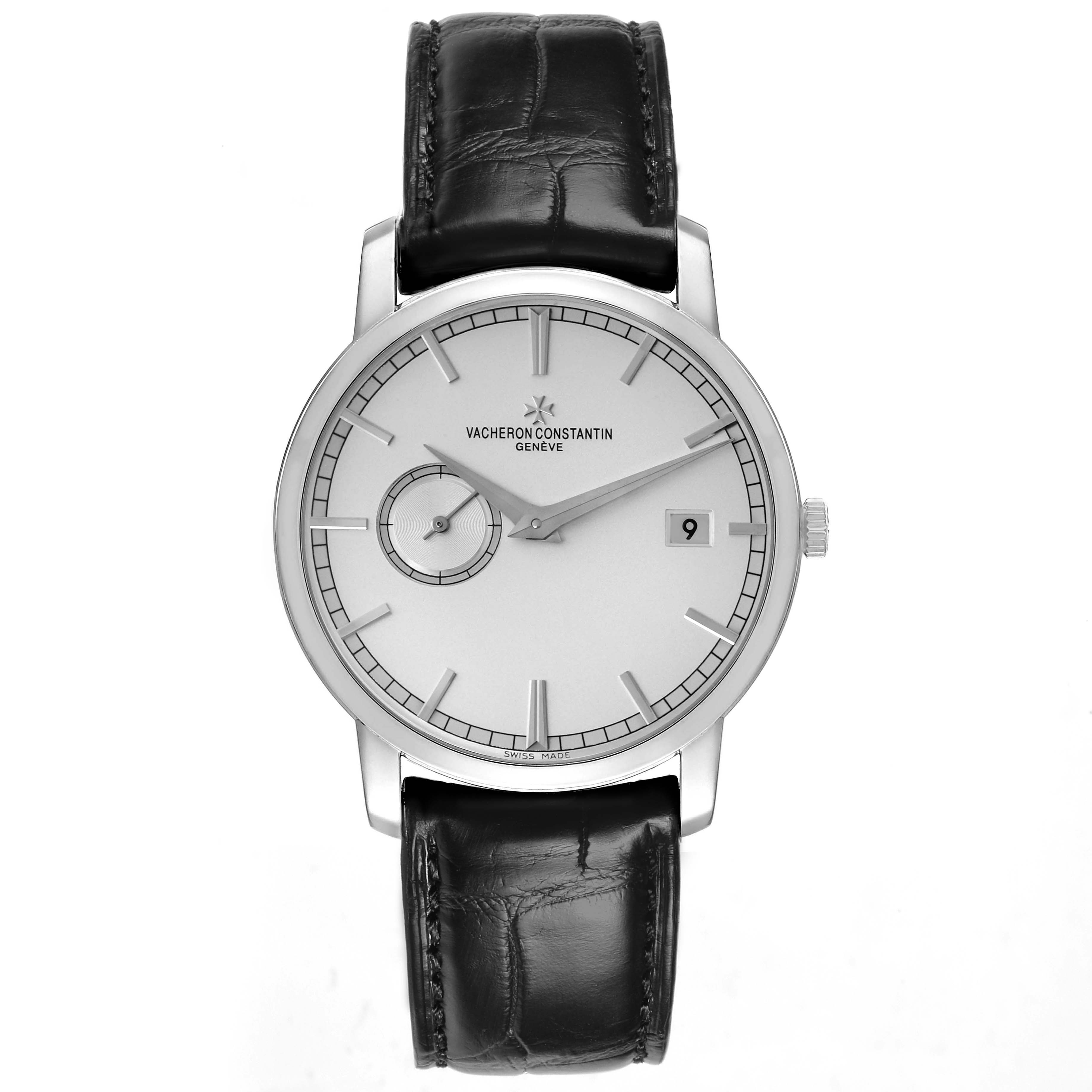 The Vacheron Constantin Traditionnelle 87172 Men's White Gold Silver Dial watch is shown from a front view, highlighting its dial, hands, and black leather strap.