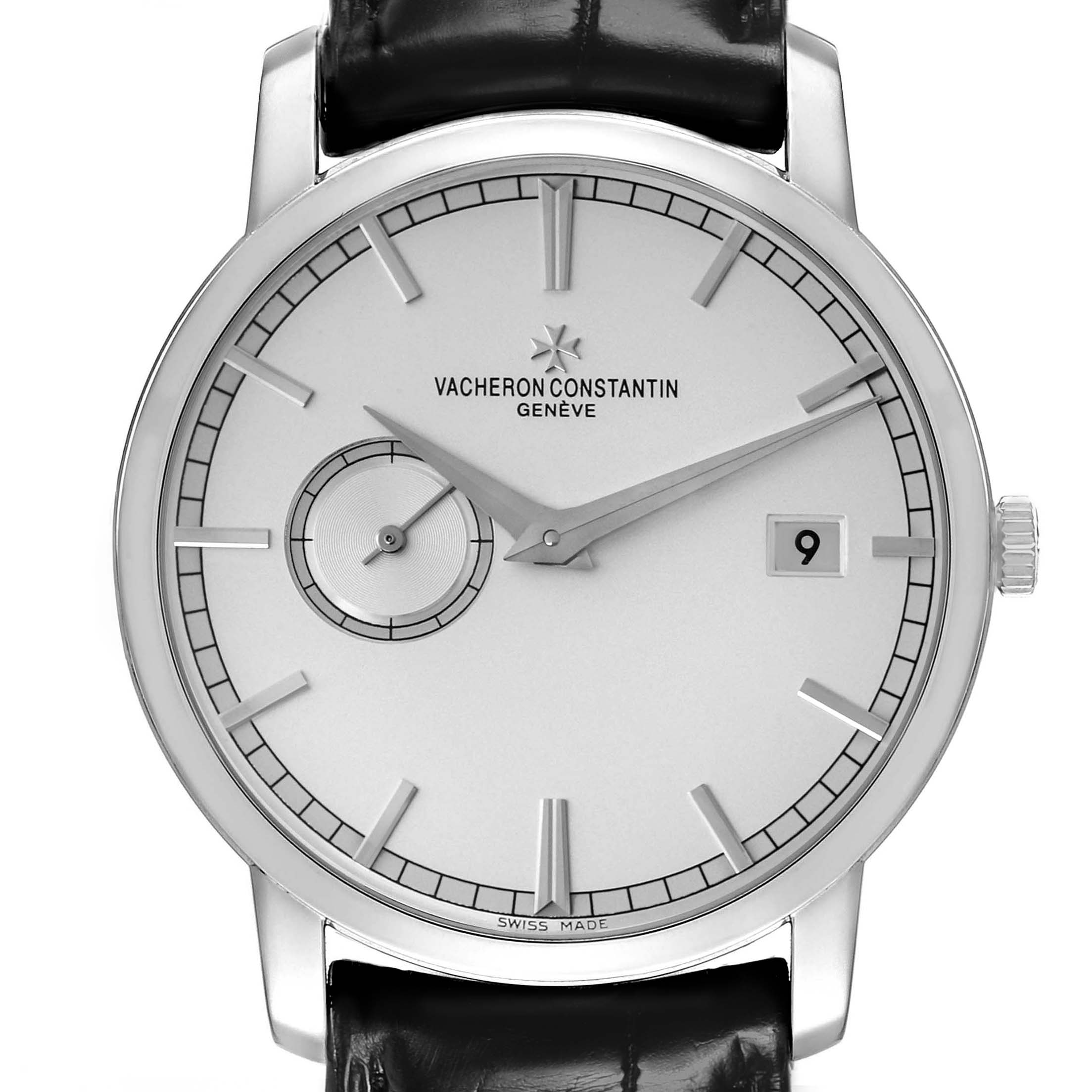 The Vacheron Constantin Traditionnelle 87172 Men's White Gold Silver Dial watch is shown with a front view displaying the dial, date window, and sub-dial.