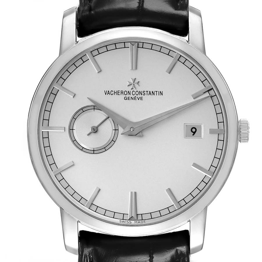 The Vacheron Constantin Traditionnelle 87172 Men's White Gold Silver Dial watch is shown with a front view displaying the dial, date window, and sub-dial.