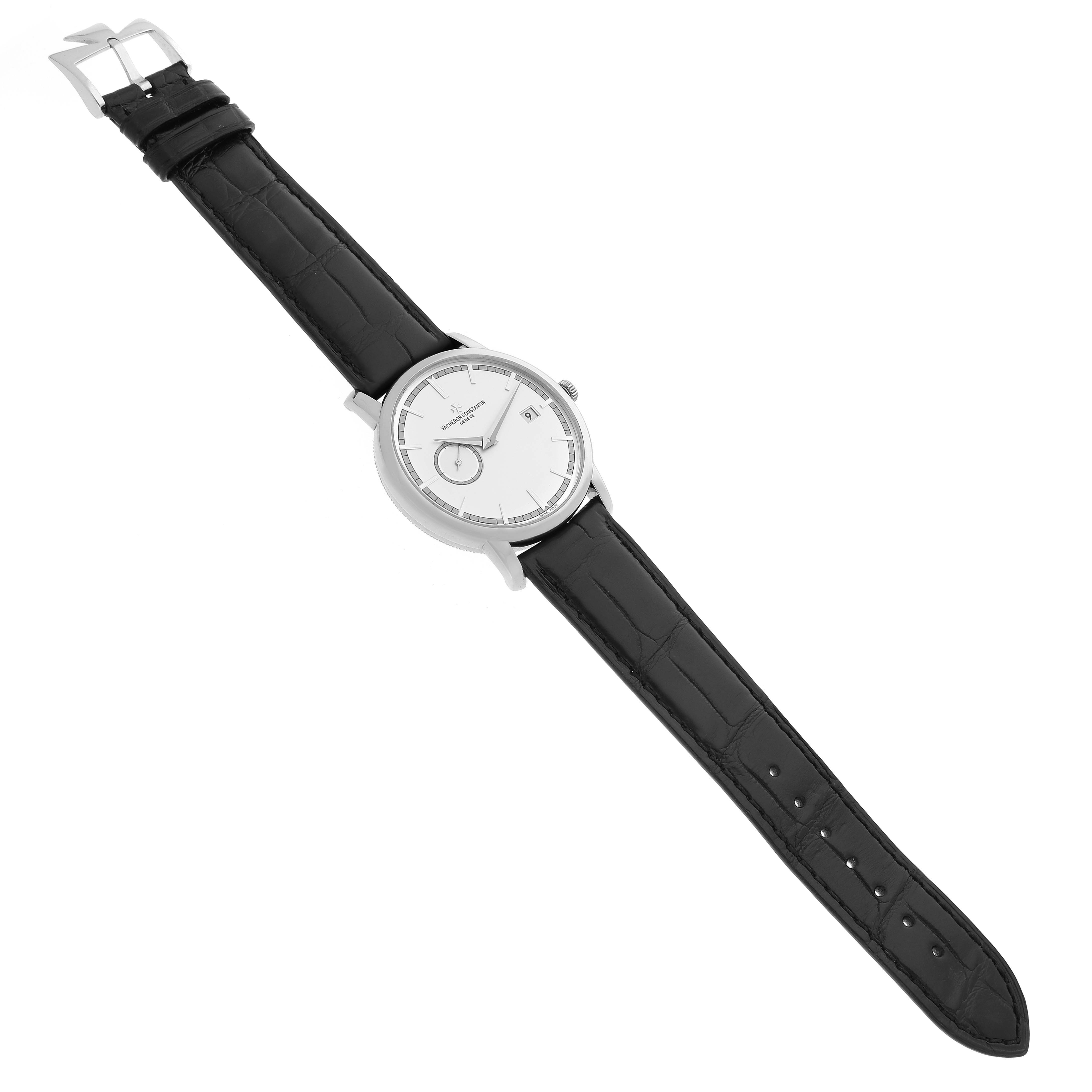 The Vacheron Constantin Traditionnelle 87172 Men's White Gold Silver Dial is shown in a top-down angle, displaying the face, case, strap, and buckle.