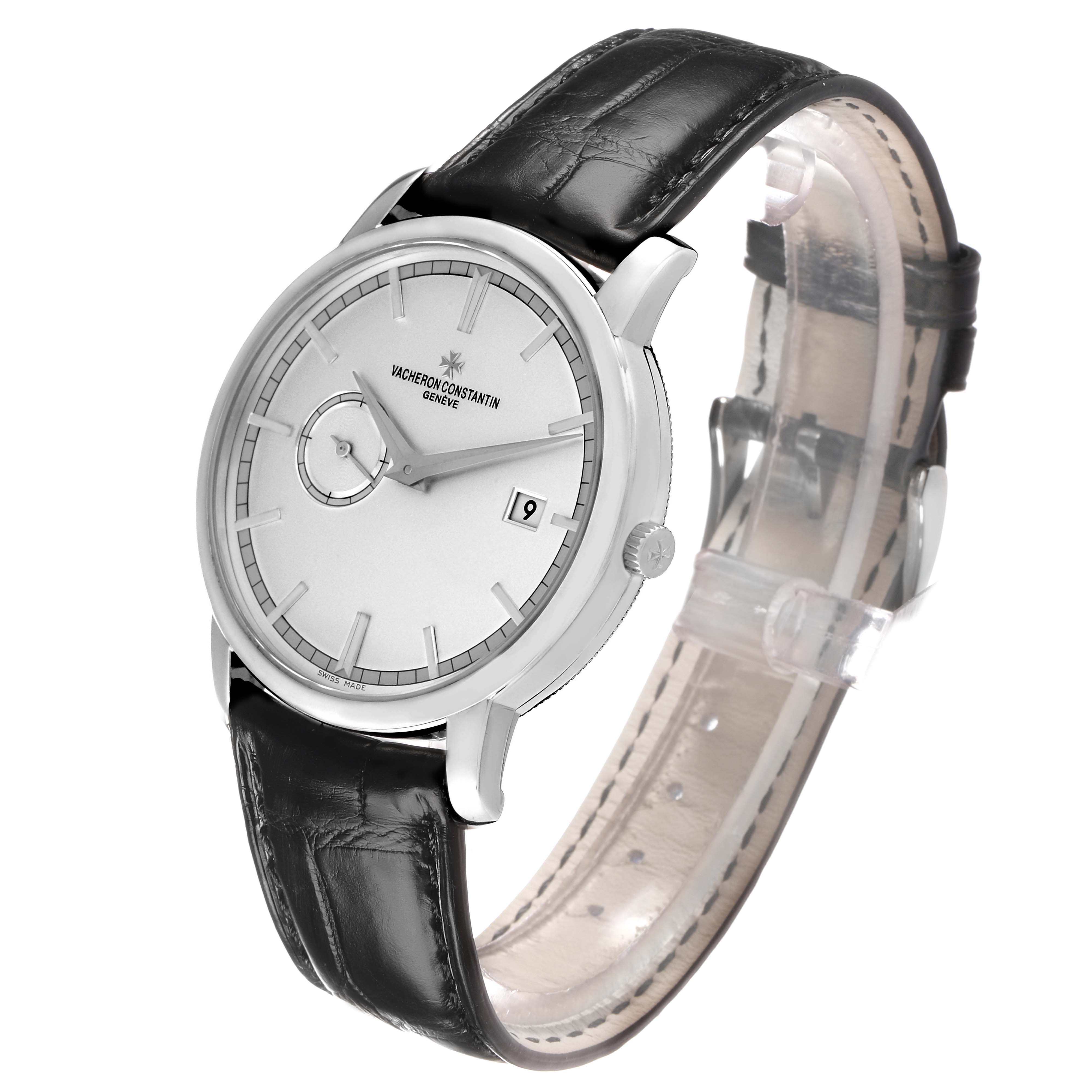 The Vacheron Constantin Traditionnelle 87172 Men's White Gold Silver Dial watch is shown at an angle highlighting the face, crown, and black leather strap.