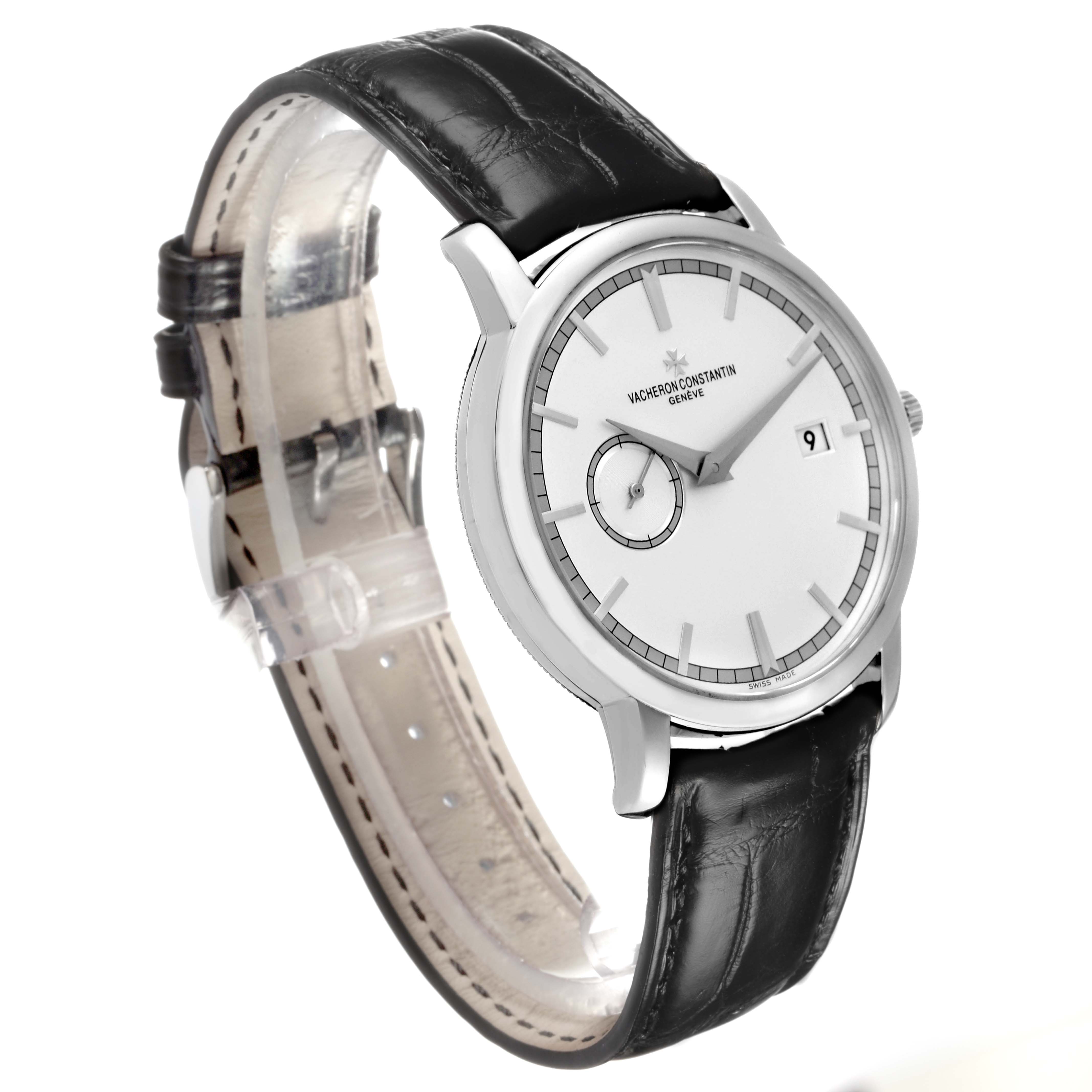 The Vacheron Constantin Traditionnelle 87172 Men's White Gold Silver Dial watch is shown at a three-quarter angle, displaying its dial, case, and black leather strap.