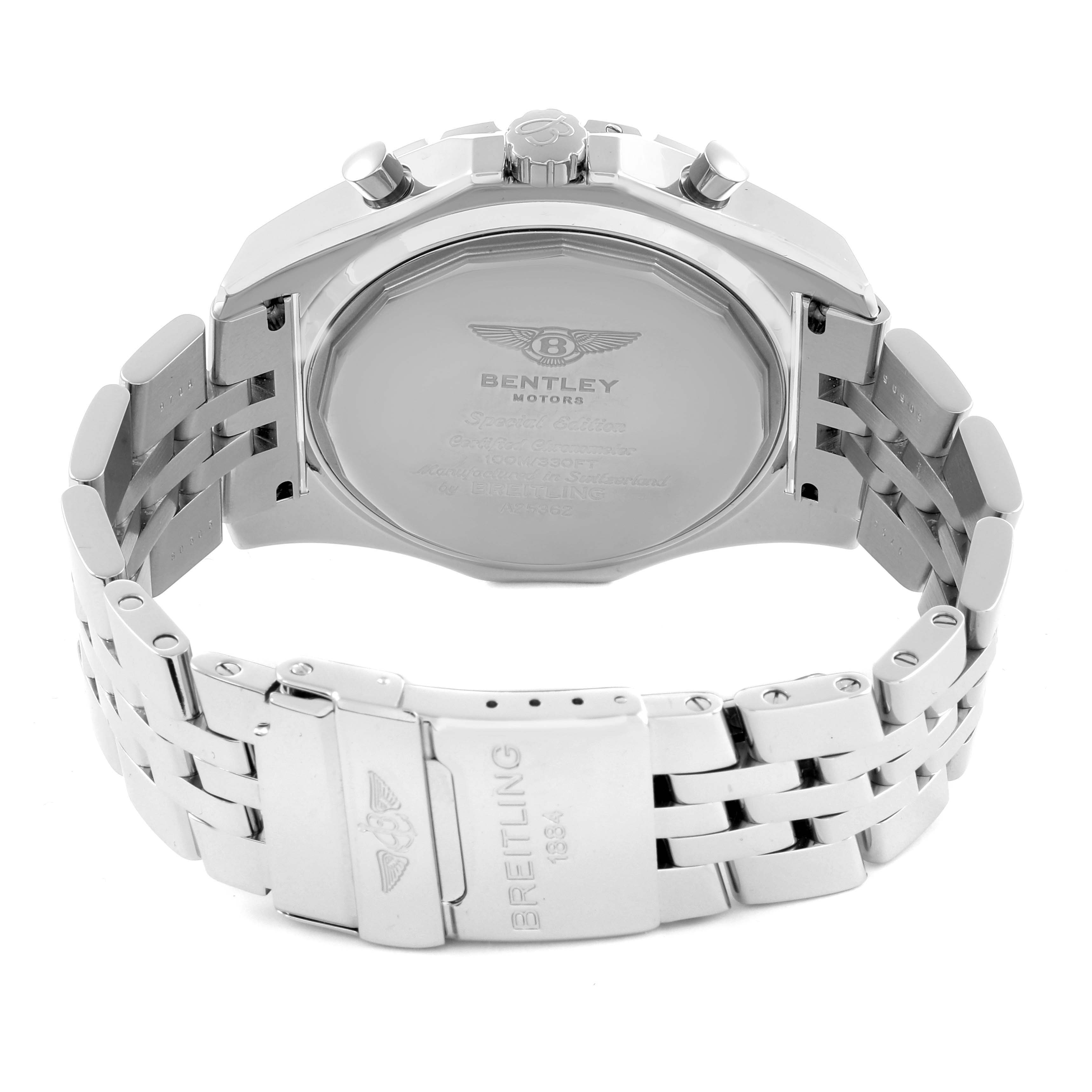 The image shows the Breitling Bentley A25362 Men
s Stainless Steel Blue Dial A25362 Men
s Stainless Steel Blue Dial watch from the back, highlighting the clasp, bracelet, and caseback details.