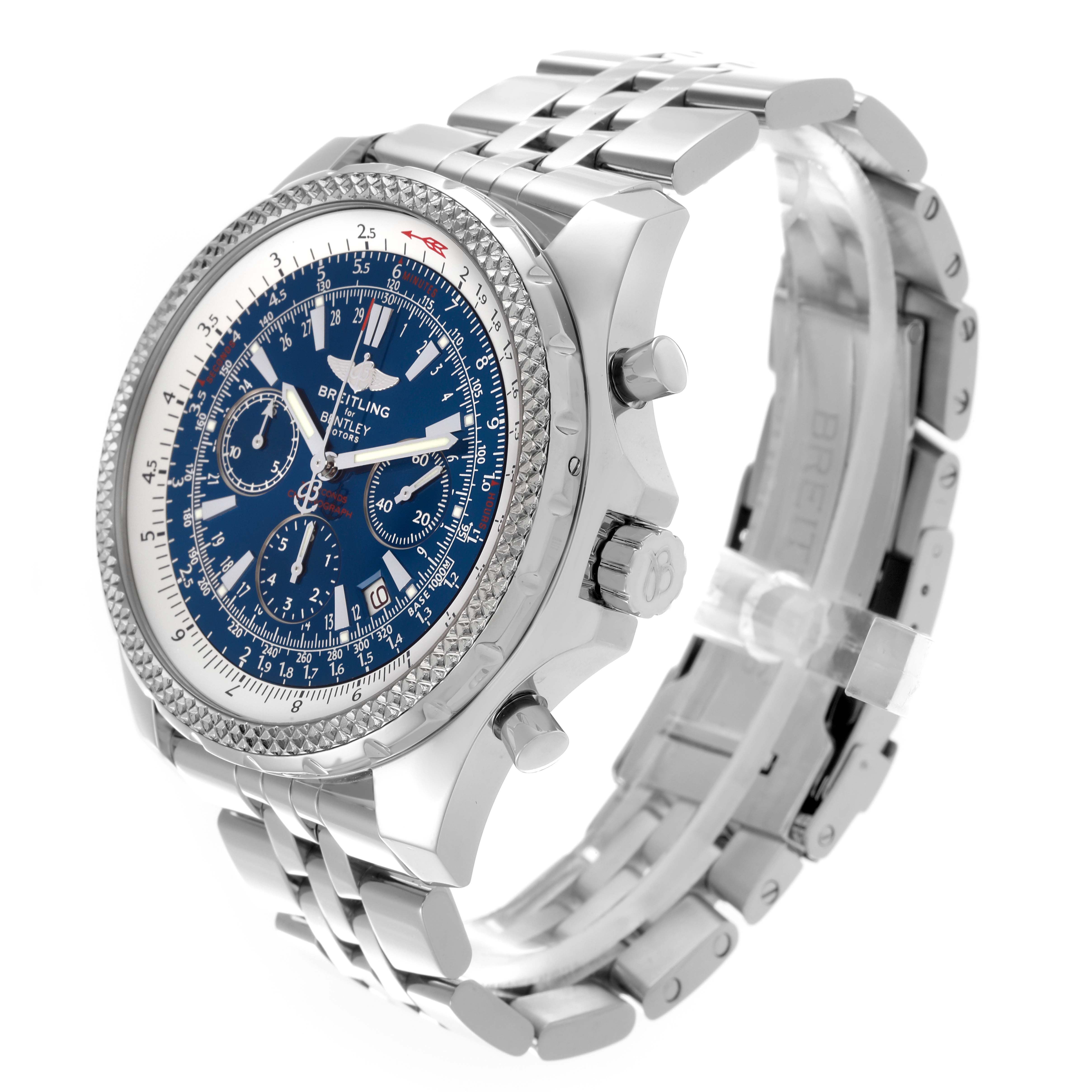 The Breitling Bentley A25362 Men
s Stainless Steel Blue Dial A25362 Men
s Stainless Steel Blue Dial watch is shown from a three-quarter angle, highlighting the face, bezel, crown, and part of the bracelet.
