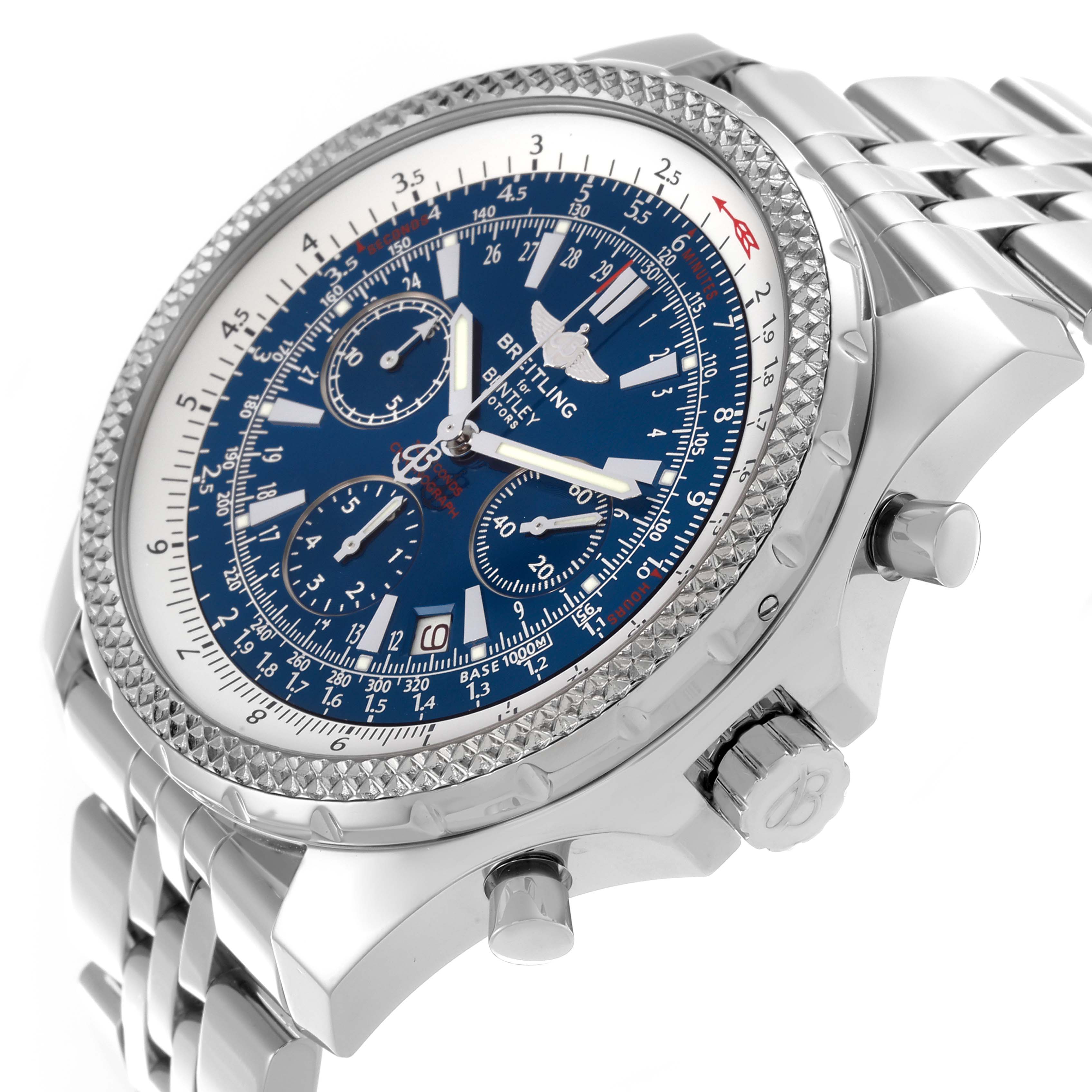The image shows a Breitling Bentley A25362 Men
s Stainless Steel Blue Dial A25362 Men
s Stainless Steel Blue Dial watch at an angle highlighting the face, bezel, and partial bracelet.