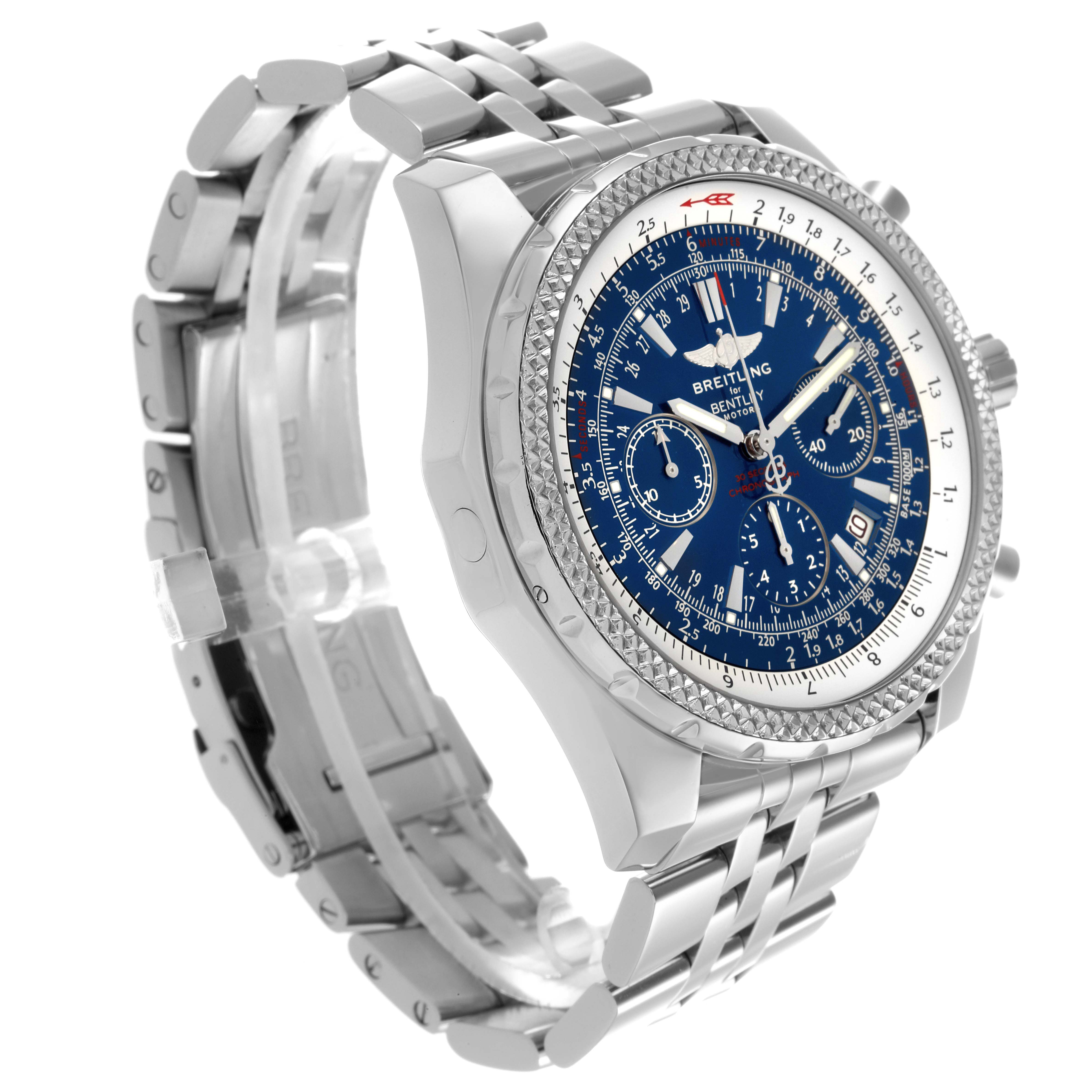 The Bentley model by Breitling is shown at an angle highlighting the silver bracelet, blue dial, bezel, and side lugs.
