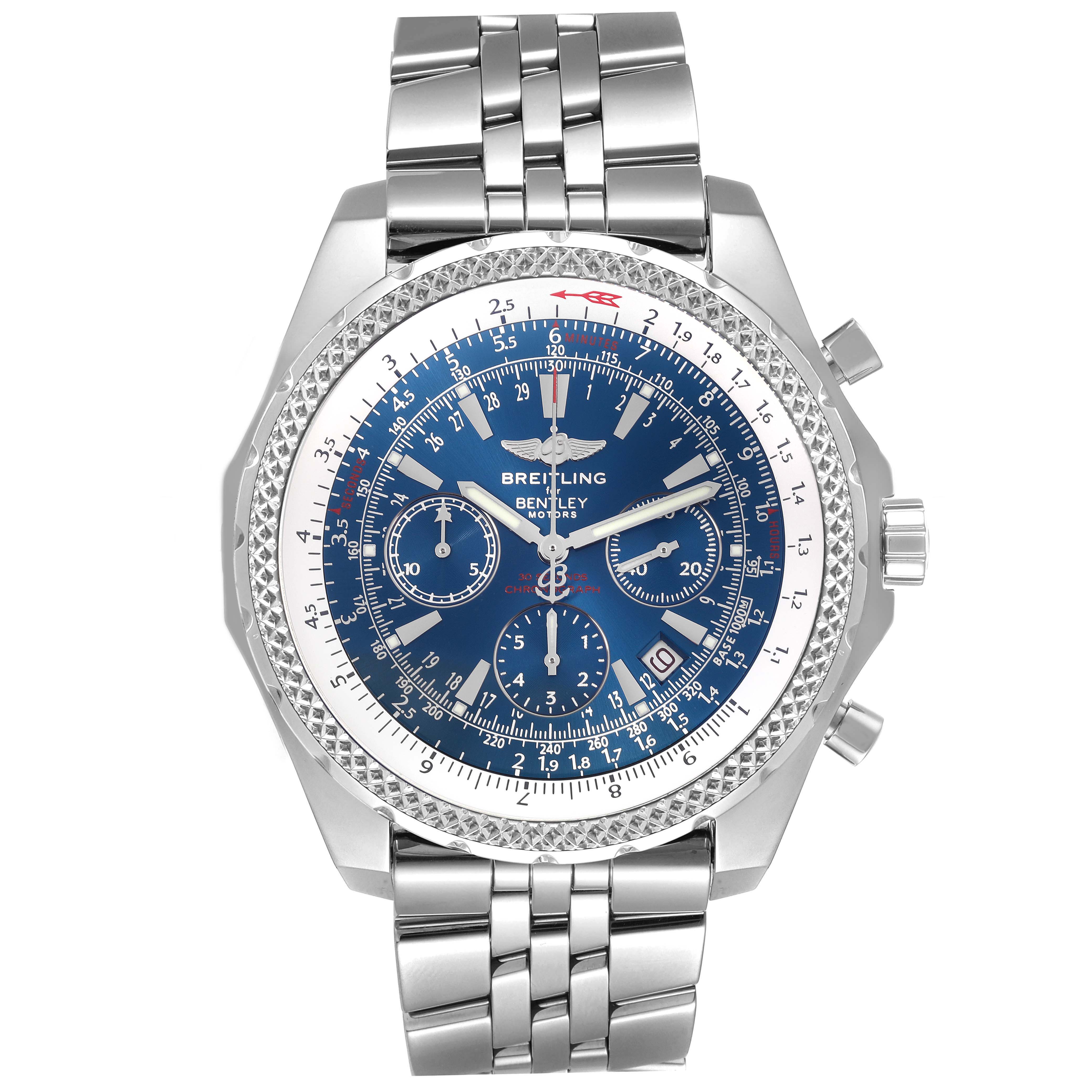 The Breitling Bentley A25362 Men
s Stainless Steel Blue Dial A25362 Men
s Stainless Steel Blue Dial watch is shown from the front, displaying the face, bezel, and part of the bracelet.