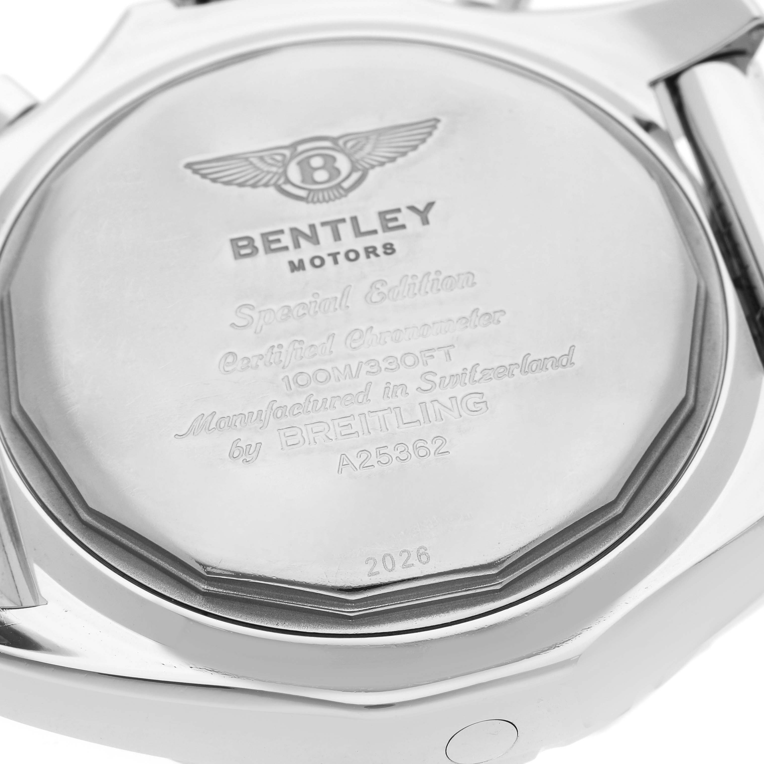 The image shows the back case of a Breitling Bentley A25362 Men
s Stainless Steel Blue Dial A25362 Men
s Stainless Steel Blue Dial watch, highlighting its inscriptions and design details.