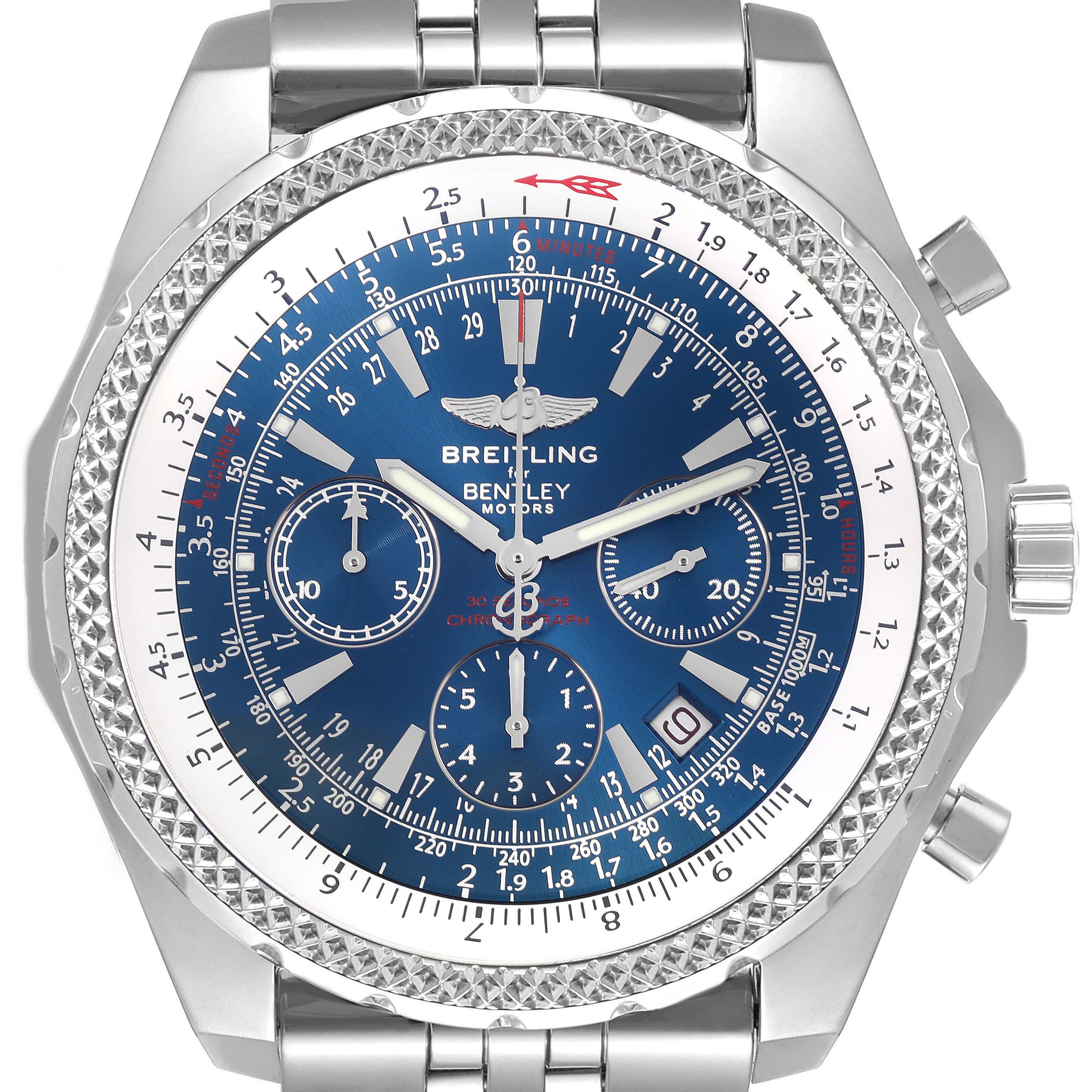 The Breitling Bentley A25362 Men
s Stainless Steel Blue Dial A25362 Men
s Stainless Steel Blue Dial watch is shown from a front angle, highlighting the bezel, crown, and bracelet.