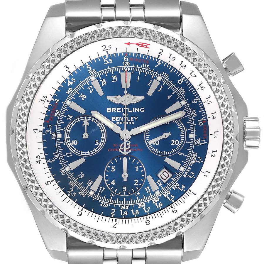 The Breitling Bentley watch is shown from a front angle, highlighting the bezel, crown, and bracelet.