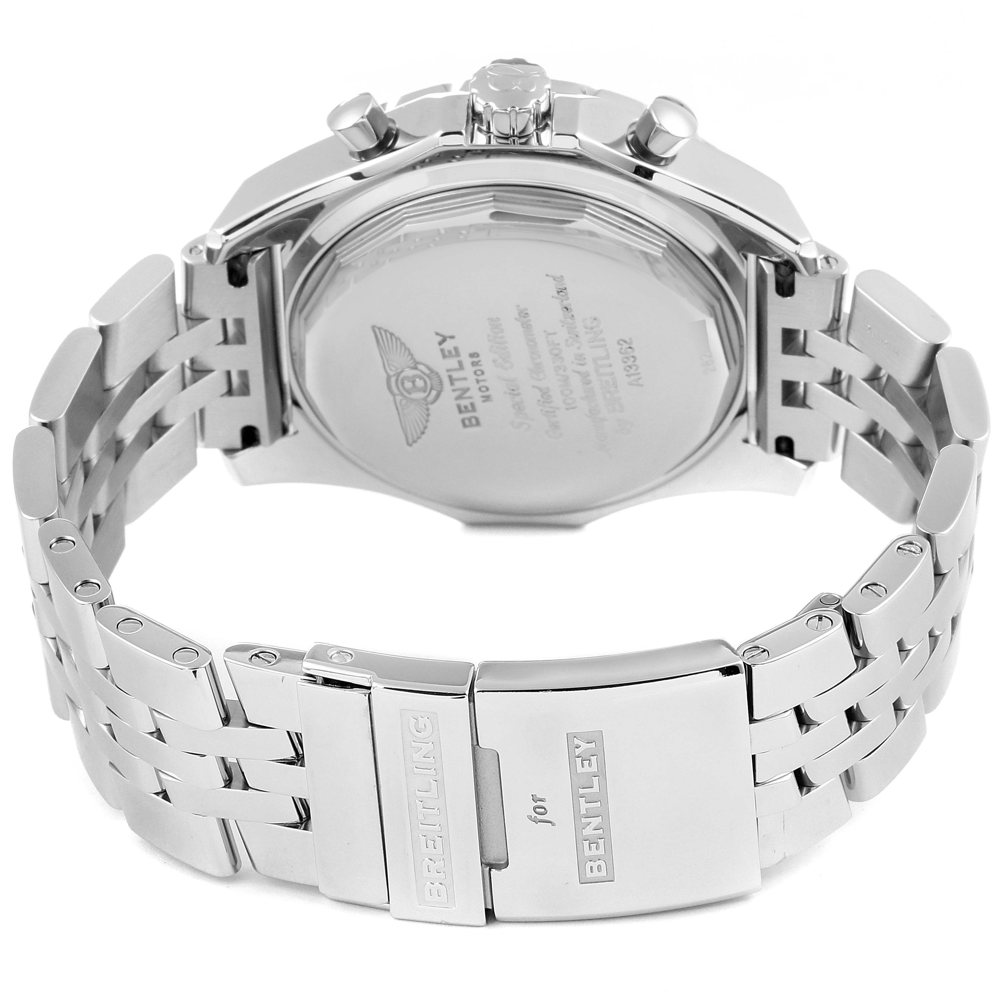 This image shows the back view of a Breitling Bentley A13362 Men's Stainless Steel Black Dial A13362 Men's Stainless Steel Black Dial watch, highlighting the case back, bracelet, and clasp.