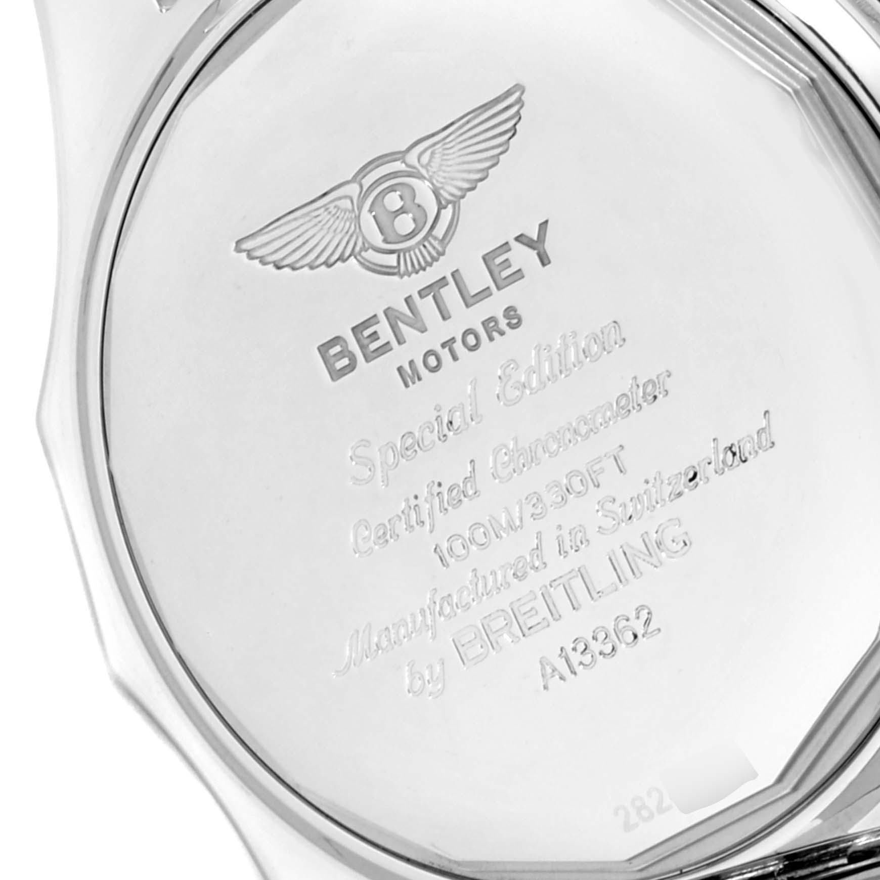 The image shows the back case of a Breitling Bentley A13362 Men's Stainless Steel Black Dial A13362 Men's Stainless Steel Black Dial watch, highlighting branding, special edition details, and certification.