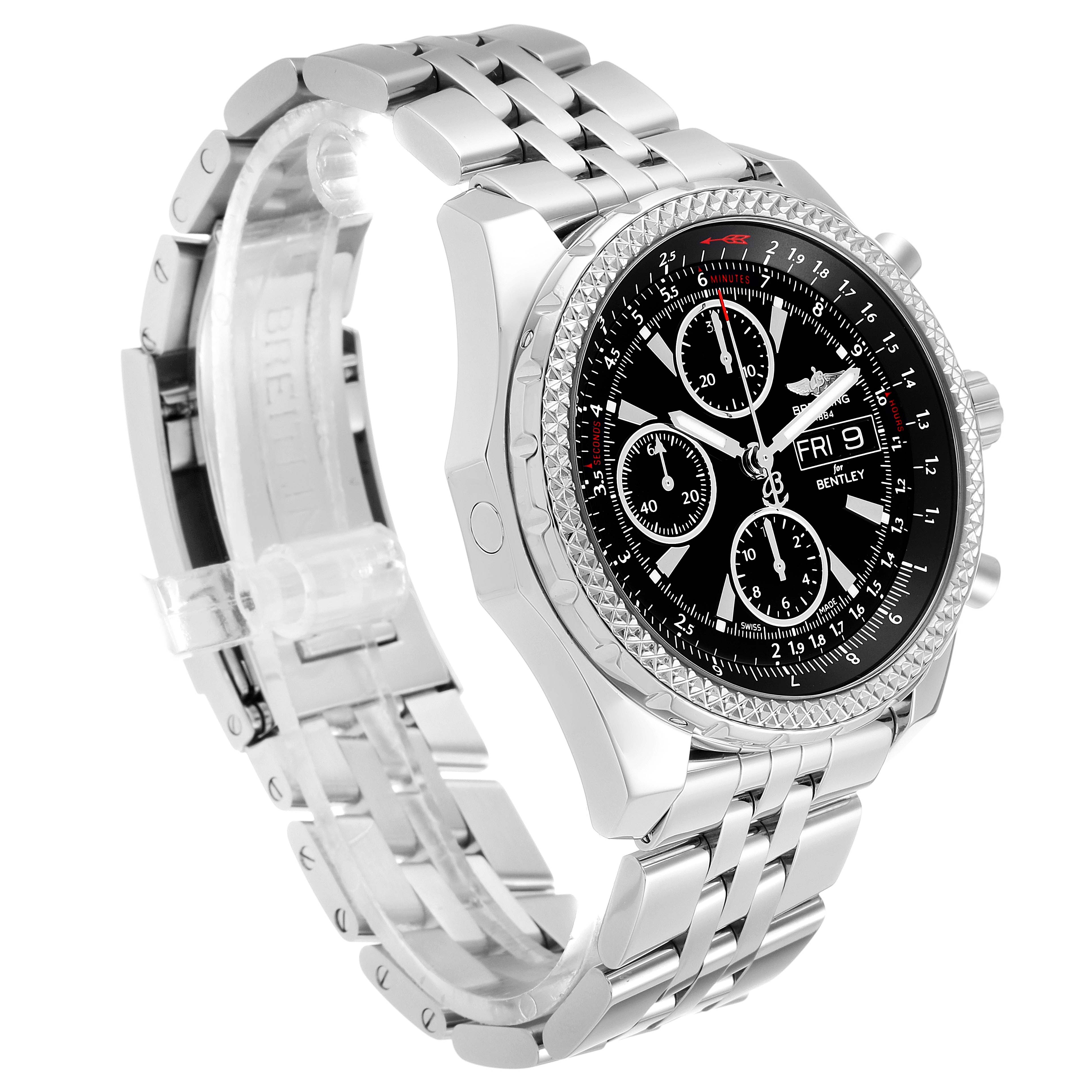 The image shows a Breitling Bentley A13362 Men's Stainless Steel Black Dial A13362 Men's Stainless Steel Black Dial model watch at a three-quarter angle, highlighting its face, dials, bezel, and stainless steel bracelet.