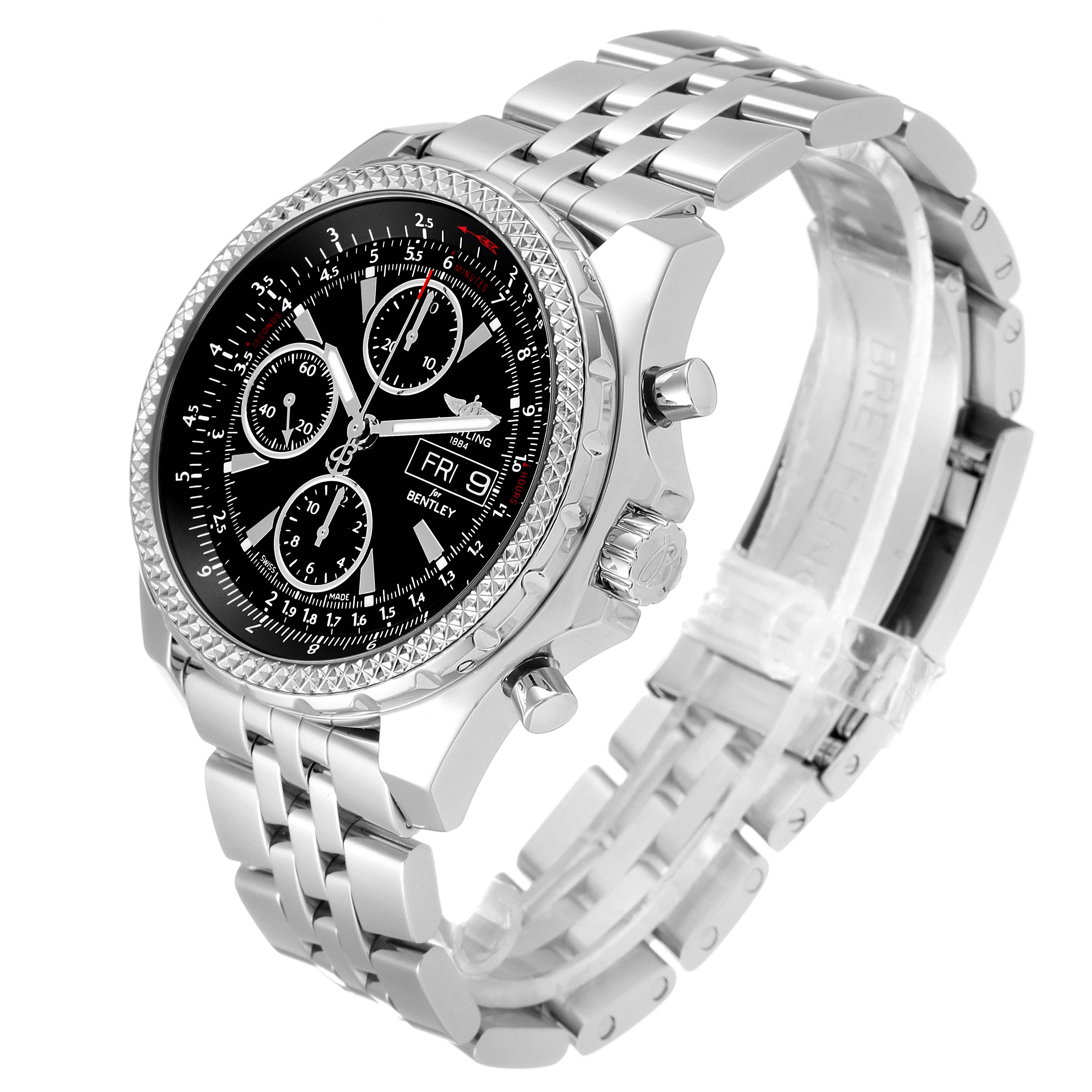 The image shows a side angle of the Bentley model Breitling watch, highlighting the dial, bezel, and metal bracelet.