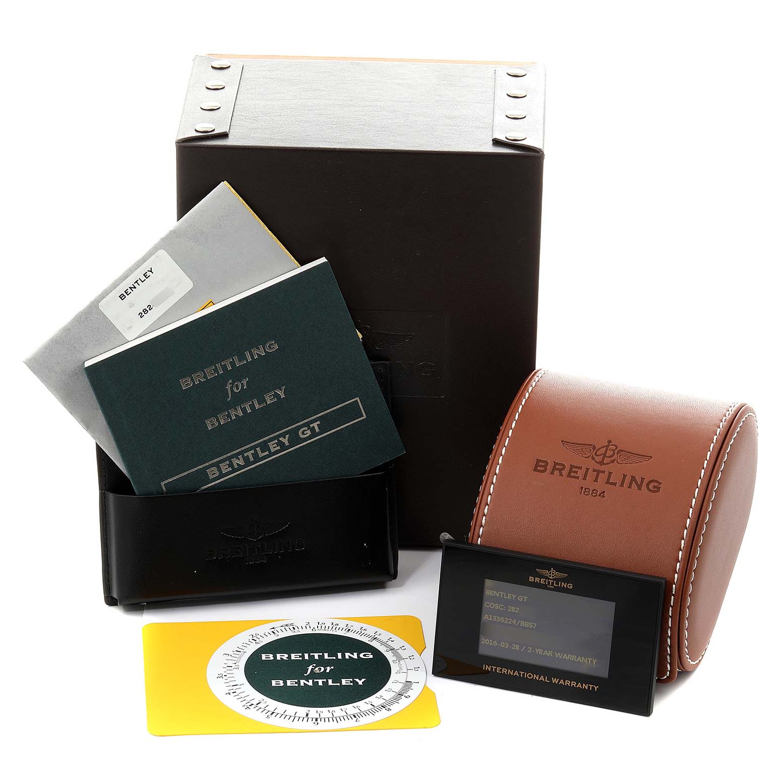 This image shows the packaging and accessories for a Breitling Bentley A13362 Men's Stainless Steel Black Dial A13362 Men's Stainless Steel Black Dial model watch, including manuals, box, pouch, and warranty card.