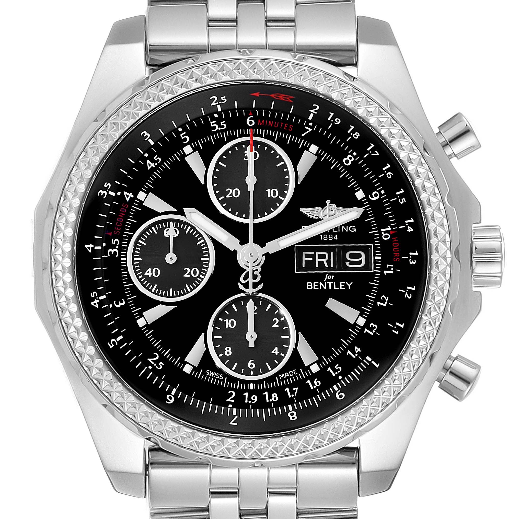 The image shows a front view of the Breitling Bentley A13362 Men's Stainless Steel Black Dial A13362 Men's Stainless Steel Black Dial model watch, displaying the intricate dial with multiple subdials and a metal bracelet.