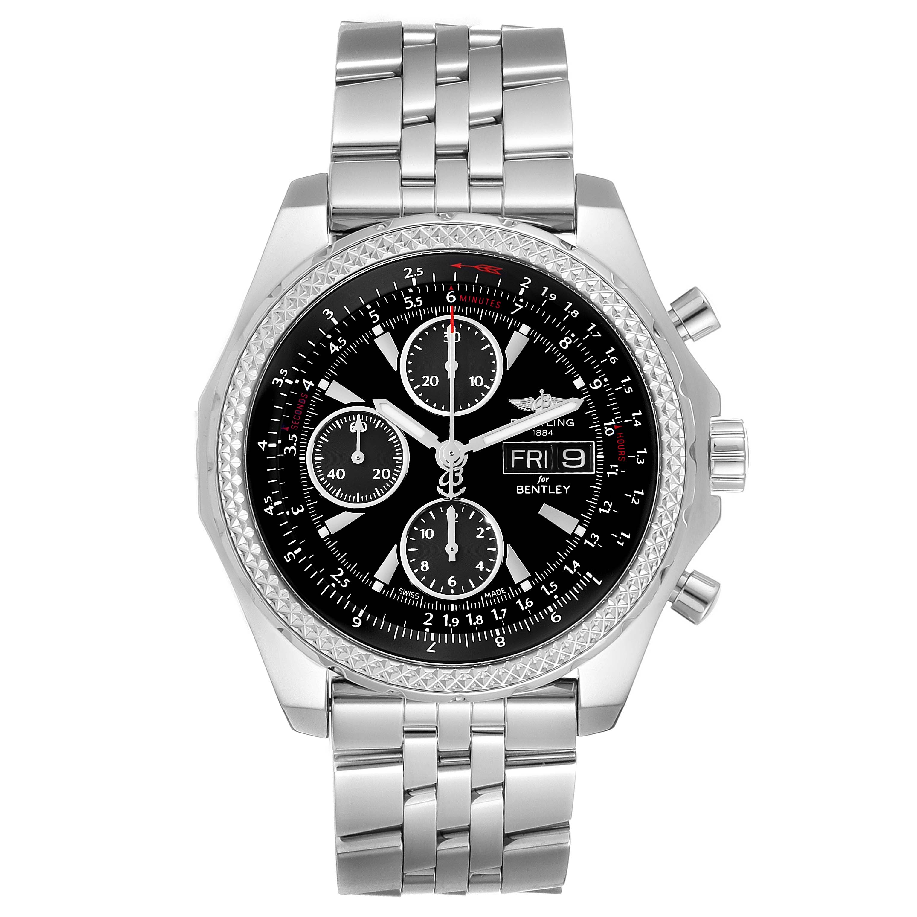 The Breitling Bentley A13362 Men's Stainless Steel Black Dial A13362 Men's Stainless Steel Black Dial watch is shown from a front angle displaying its black dial, multiple subdials, and silver metal bracelet.