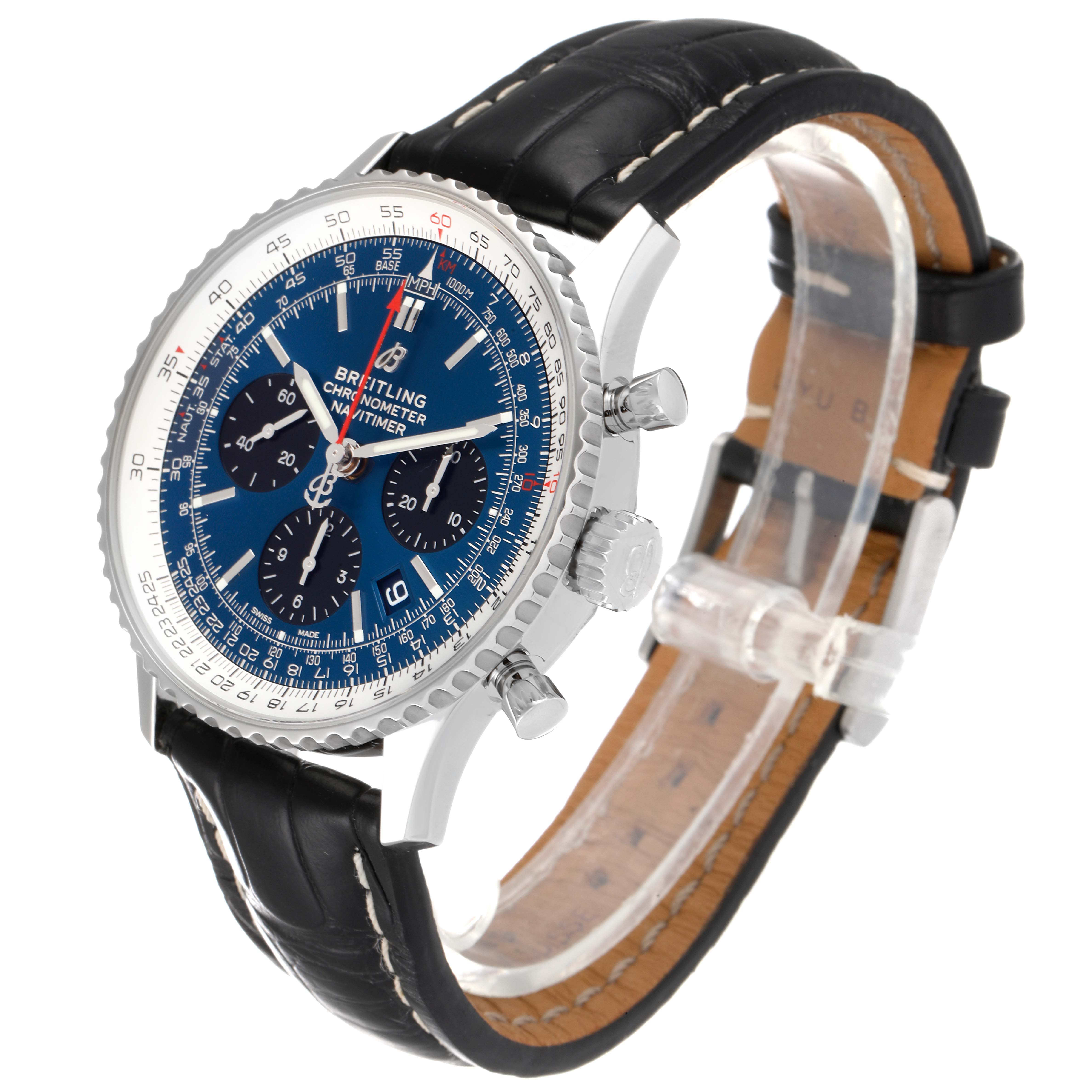 The image shows a Breitling Navitimer AB0121C4-C920-731P Men
s Stainless Steel Blue Dial AB0121C4-C920-731P Men
s Stainless Steel Blue Dial watch at a three-quarter angle, displaying the dial, bezel, three subdials, and the leather strap.