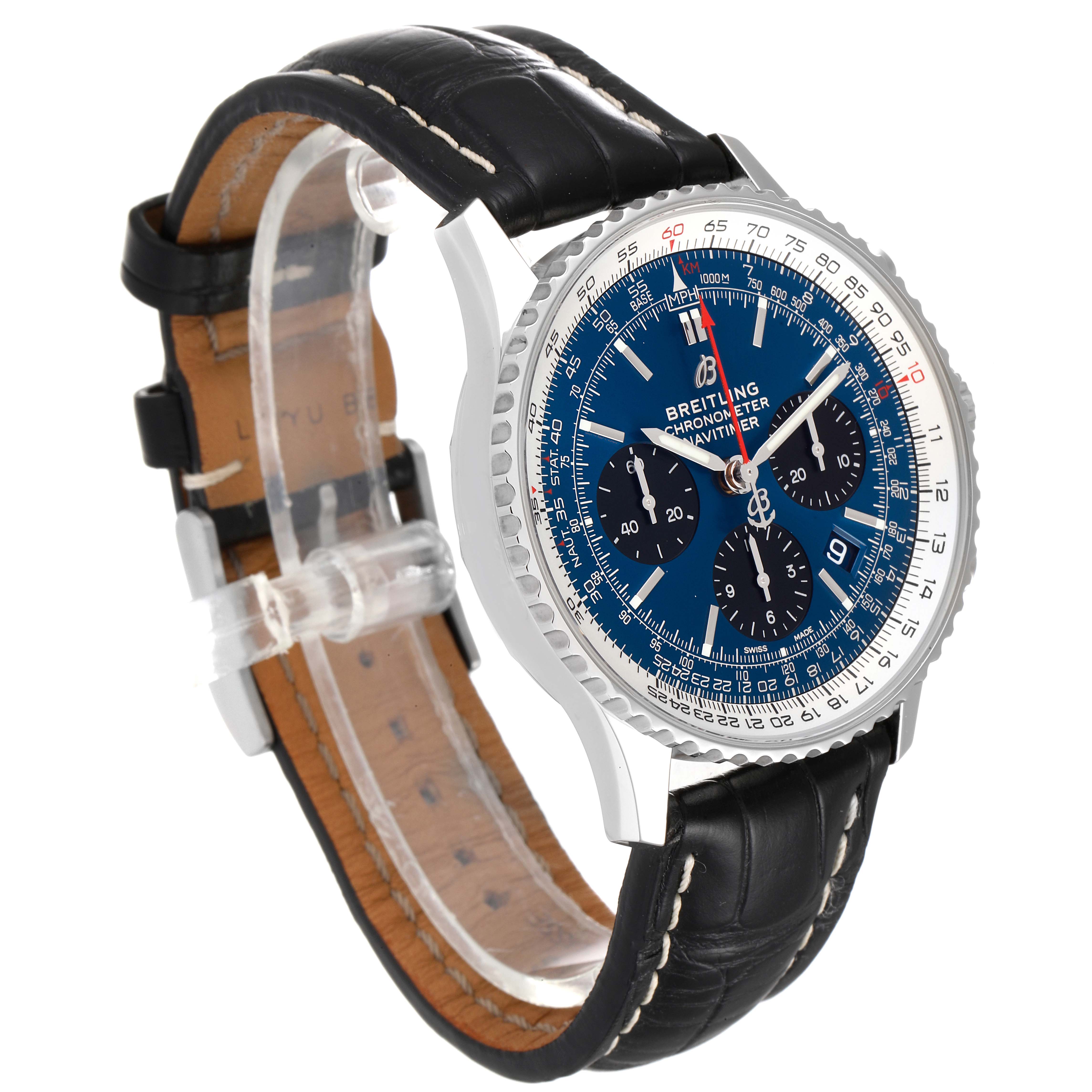 The Breitling Navitimer AB0121C4-C920-731P Men
s Stainless Steel Blue Dial AB0121C4-C920-731P Men
s Stainless Steel Blue Dial watch is shown at a three-quarter angle, displaying the face, crown, and black leather strap.