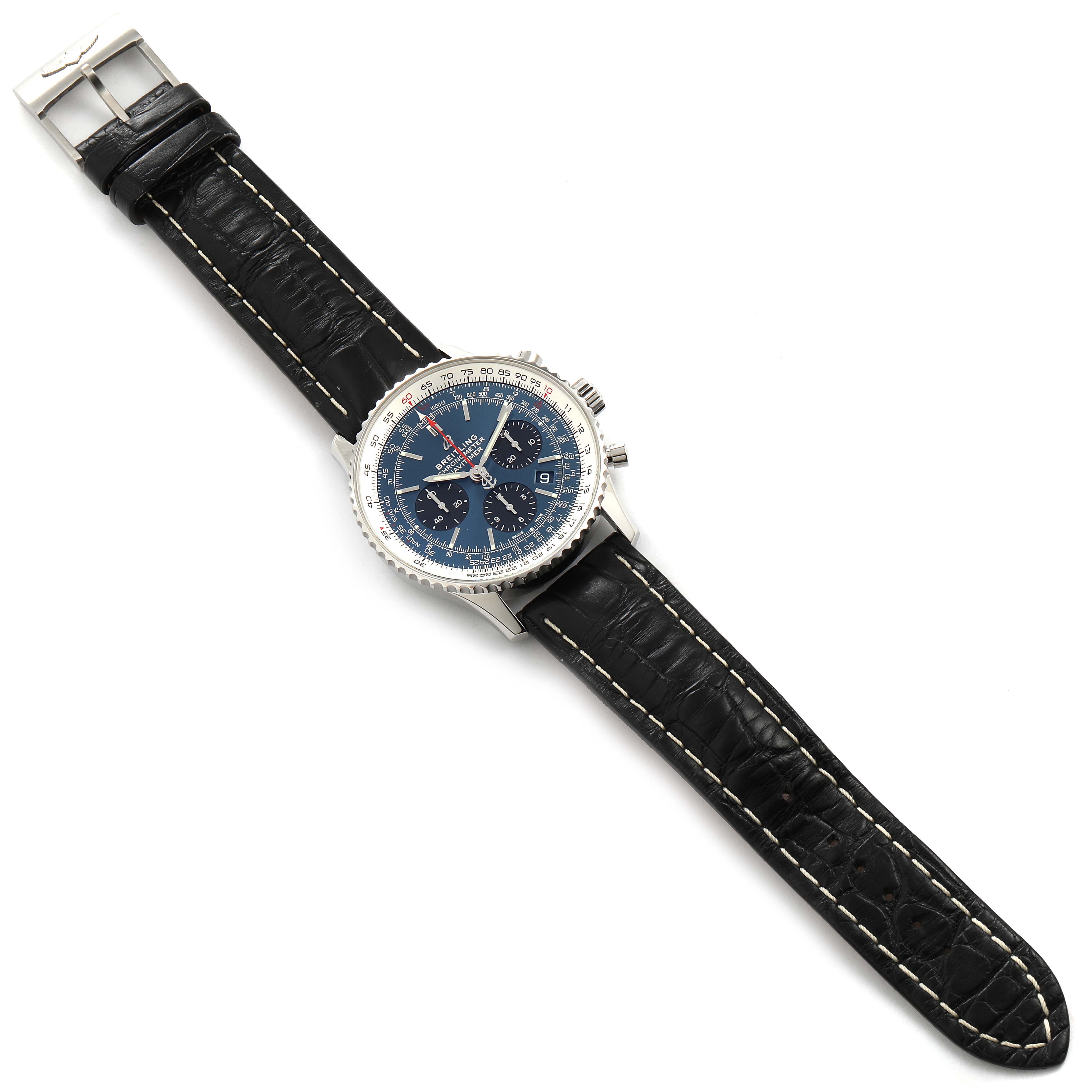 The image shows a top-down view of a Breitling Navitimer AB0121C4-C920-731P Men
s Stainless Steel Blue Dial AB0121C4-C920-731P Men
s Stainless Steel Blue Dial watch with a black leather strap and blue dial.