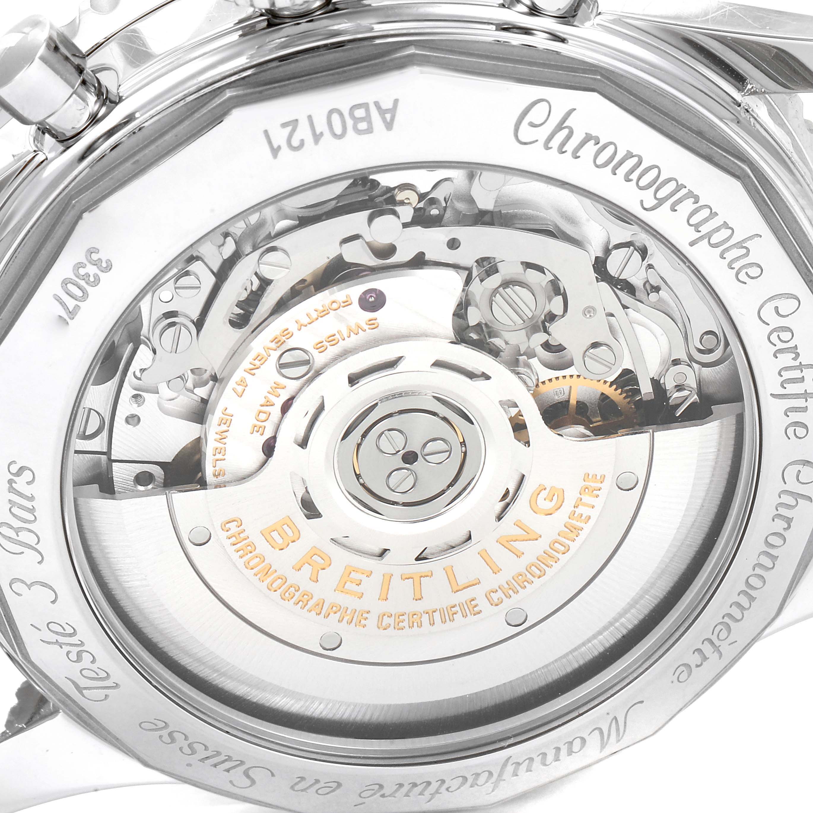 This is a close-up view of the back of a Breitling Navitimer AB0121C4-C920-731P Men
s Stainless Steel Blue Dial AB0121C4-C920-731P Men
s Stainless Steel Blue Dial watch, showing the movement and internal components.