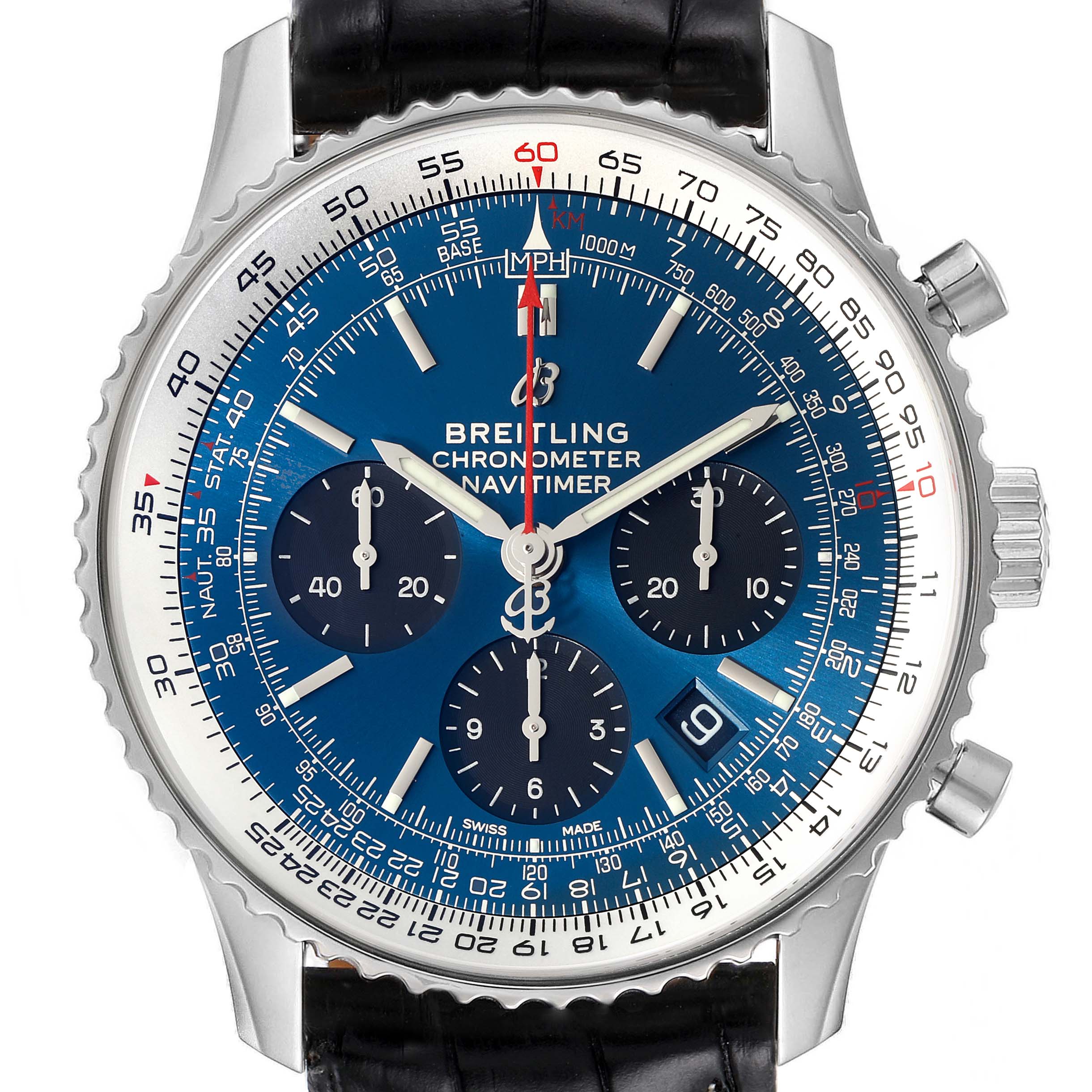 The image shows a front view of the Breitling Navitimer AB0121C4-C920-731P Men
s Stainless Steel Blue Dial AB0121C4-C920-731P Men
s Stainless Steel Blue Dial watch, featuring its blue dial, chronograph subdials, and date window.