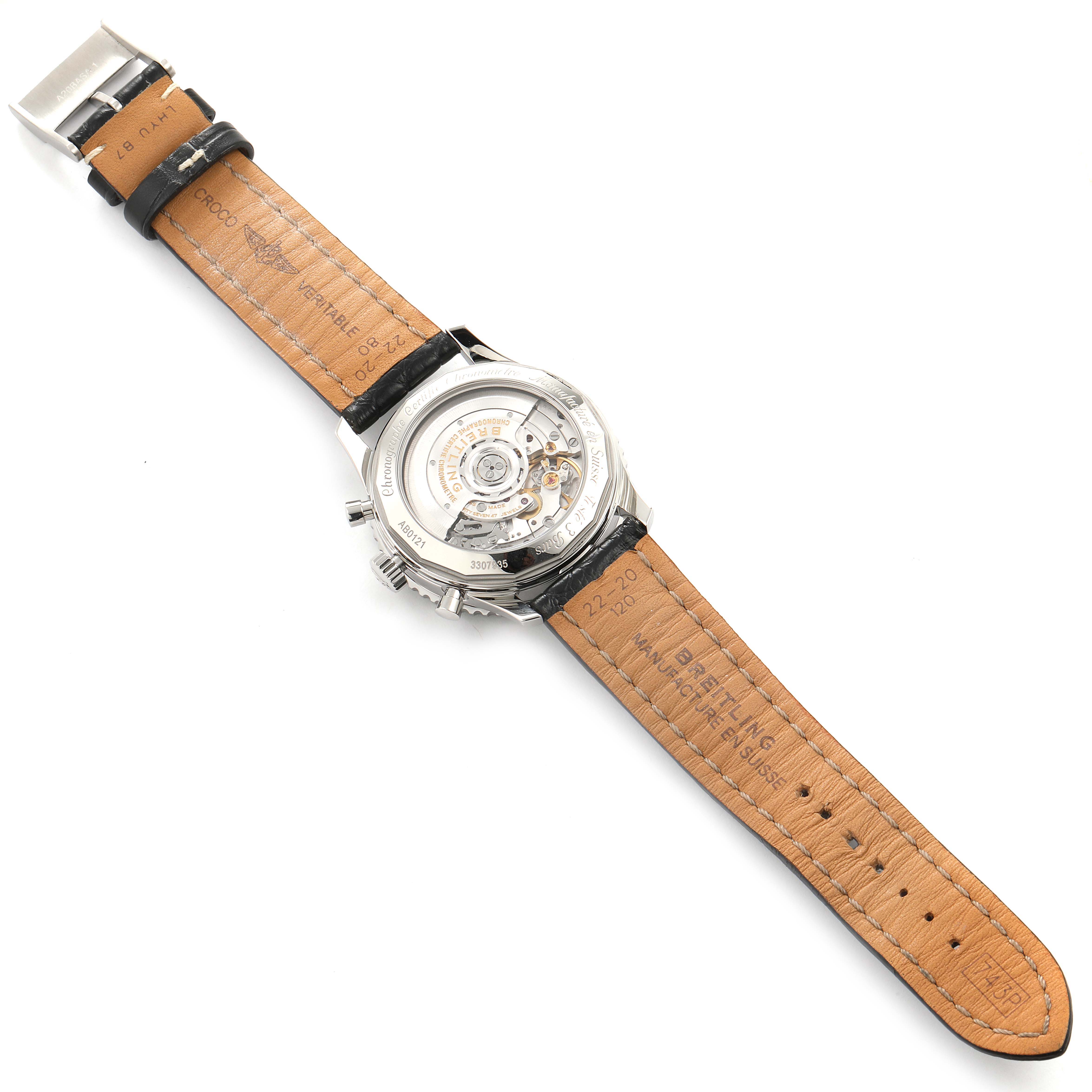 The image shows the backside and strap of the Breitling Navitimer AB0121C4-C920-731P Men
s Stainless Steel Blue Dial AB0121C4-C920-731P Men
s Stainless Steel Blue Dial watch, revealing its inner mechanics.