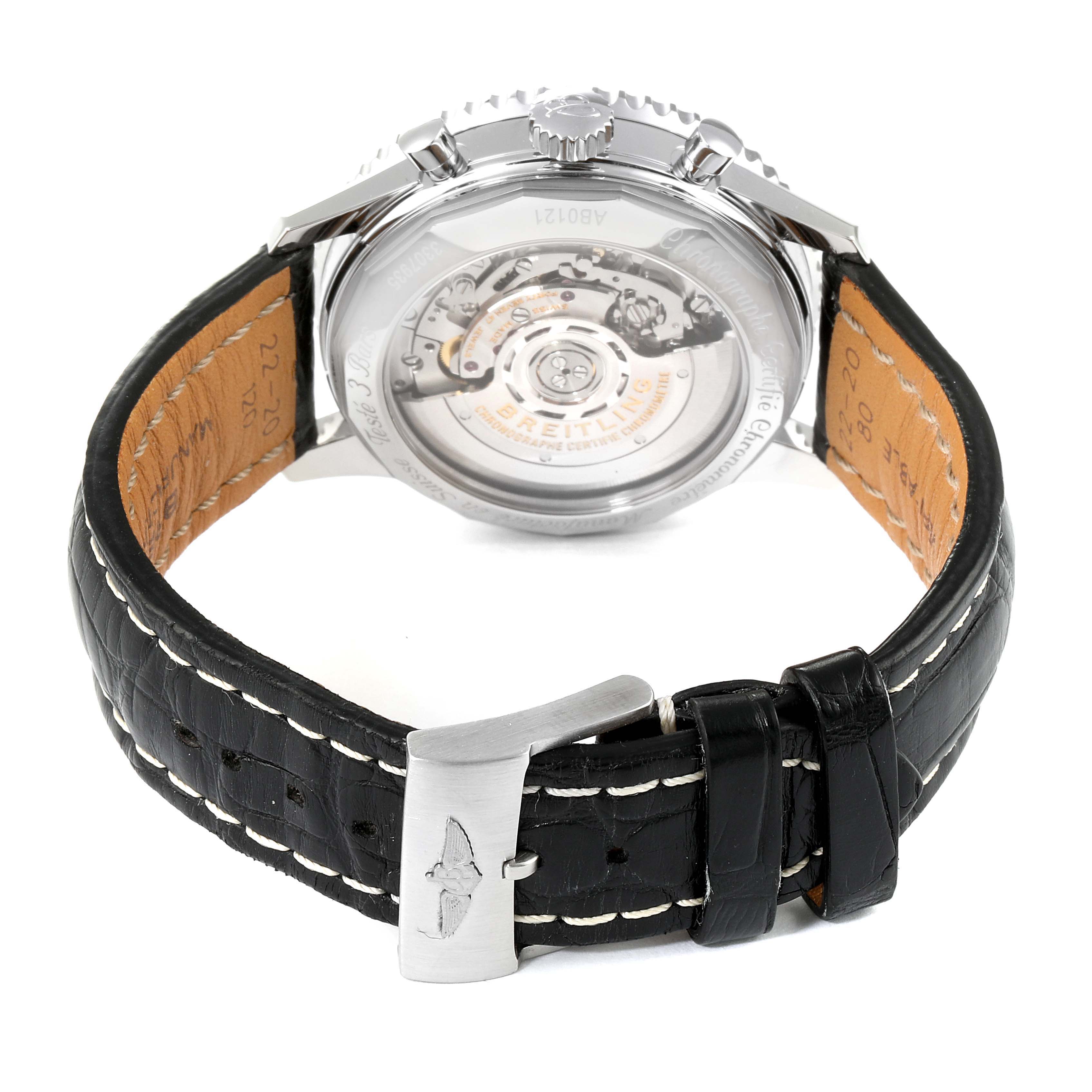 This image shows the back view of a Breitling Navitimer AB0121C4-C920-731P Men
s Stainless Steel Blue Dial AB0121C4-C920-731P Men
s Stainless Steel Blue Dial watch, highlighting the movement and the black leather strap with a buckle.