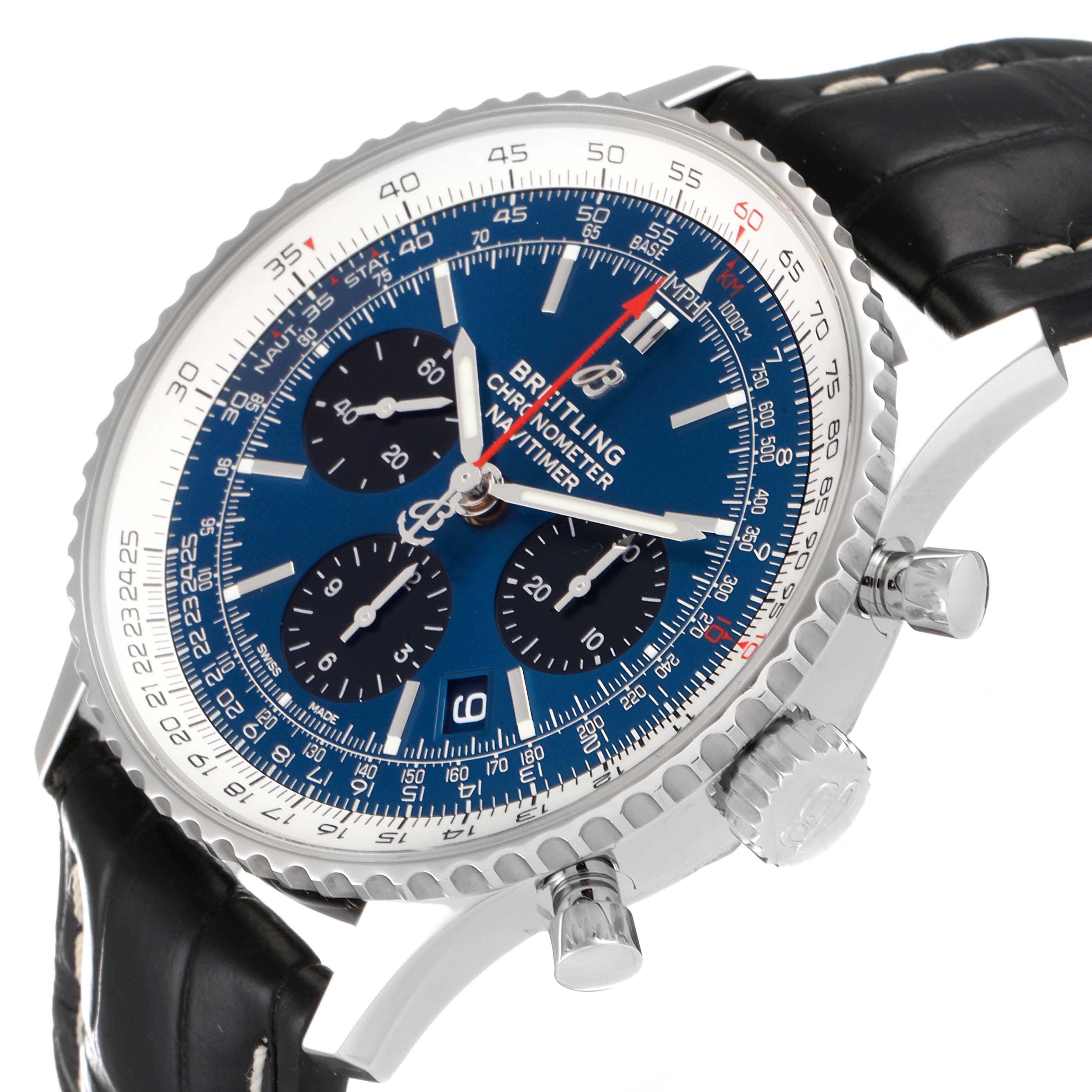 The image shows a Breitling Navitimer AB0121C4-C920-731P Men
s Stainless Steel Blue Dial AB0121C4-C920-731P Men
s Stainless Steel Blue Dial watch from a slight side angle, highlighting the dial, bezel, crown, pushers, and leather strap.