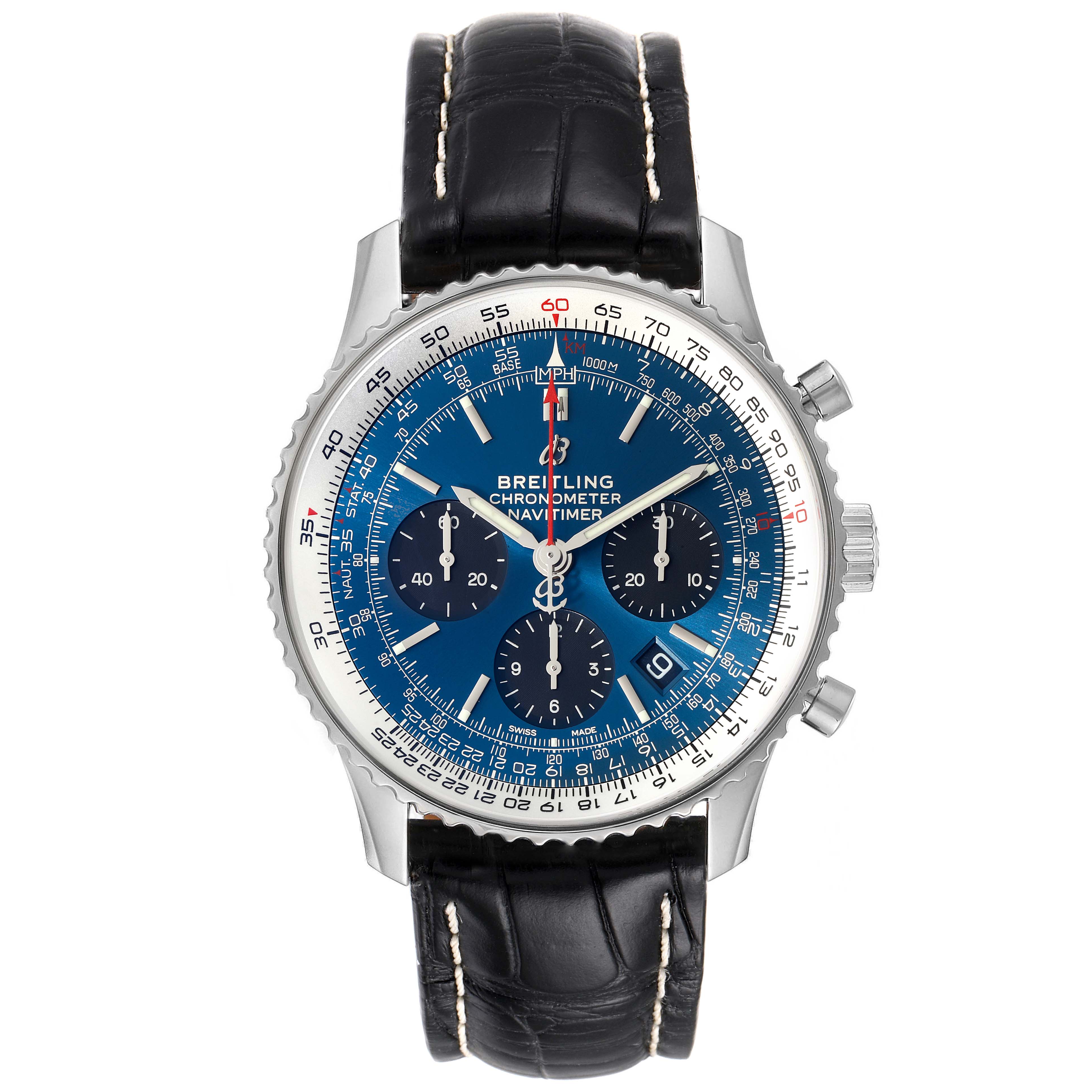 This Breitling Navitimer AB0121C4-C920-731P Men
s Stainless Steel Blue Dial AB0121C4-C920-731P Men
s Stainless Steel Blue Dial watch is shown in a front view, displaying its face and black leather strap.