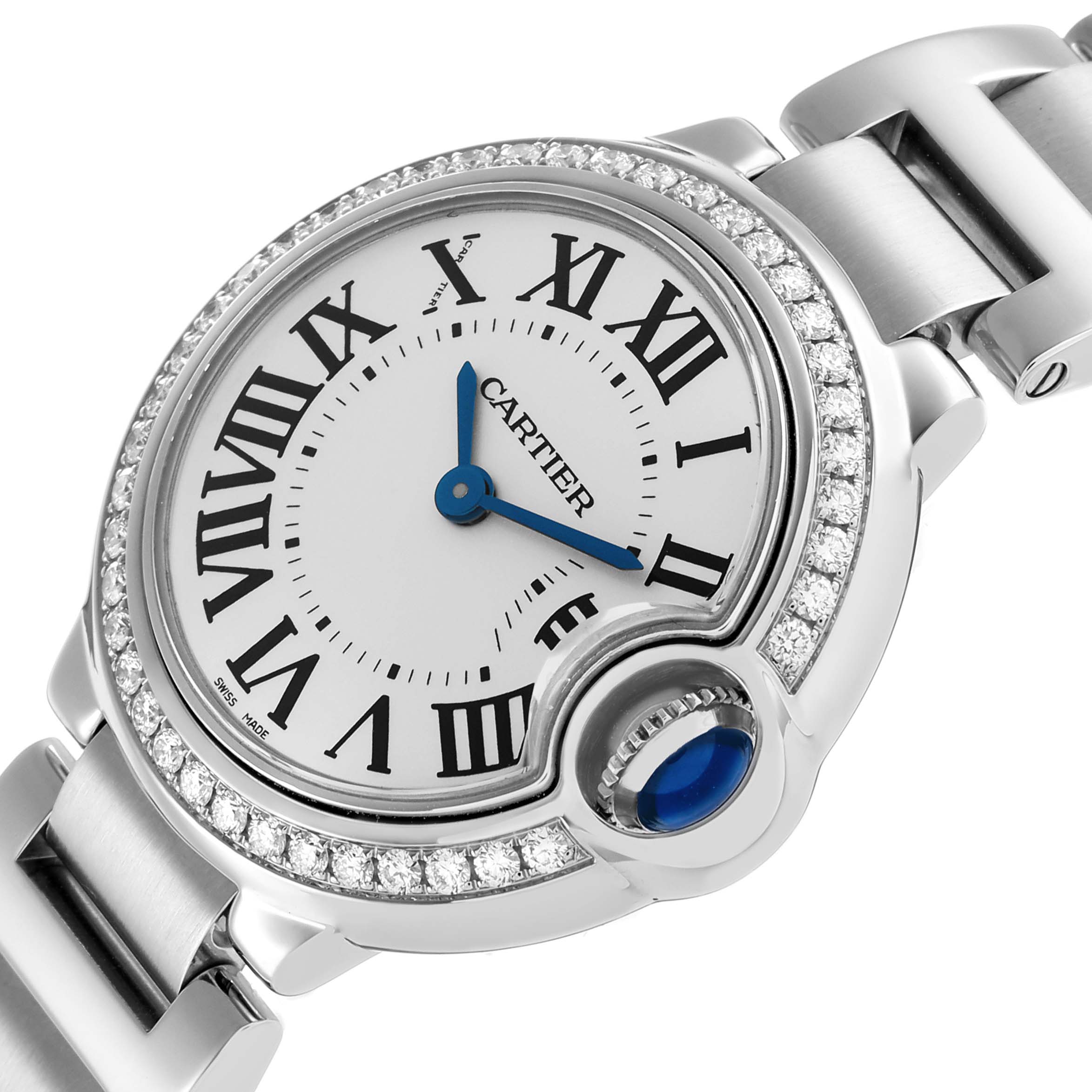 The Cartier Ballon Bleu W4BB0015 Women's Stainless Steel Silver Dial watch is shown at a tilted angle, highlighting the dial, Roman numerals, diamond bezel, and crown.