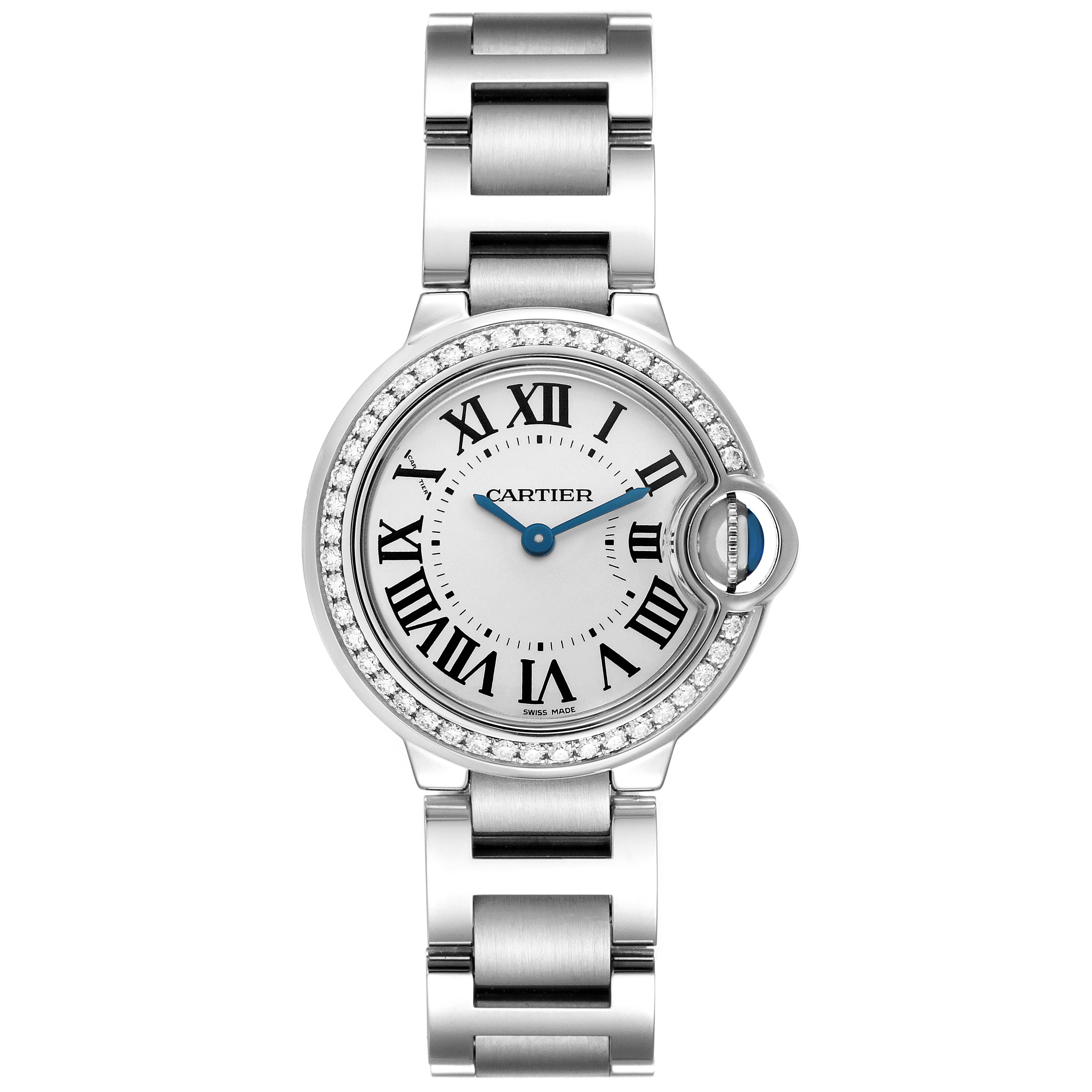 The Cartier Ballon Bleu W4BB0015 Women's Stainless Steel Silver Dial watch is shown from a top-down angle, highlighting its round face, Roman numerals, and metal bracelet.