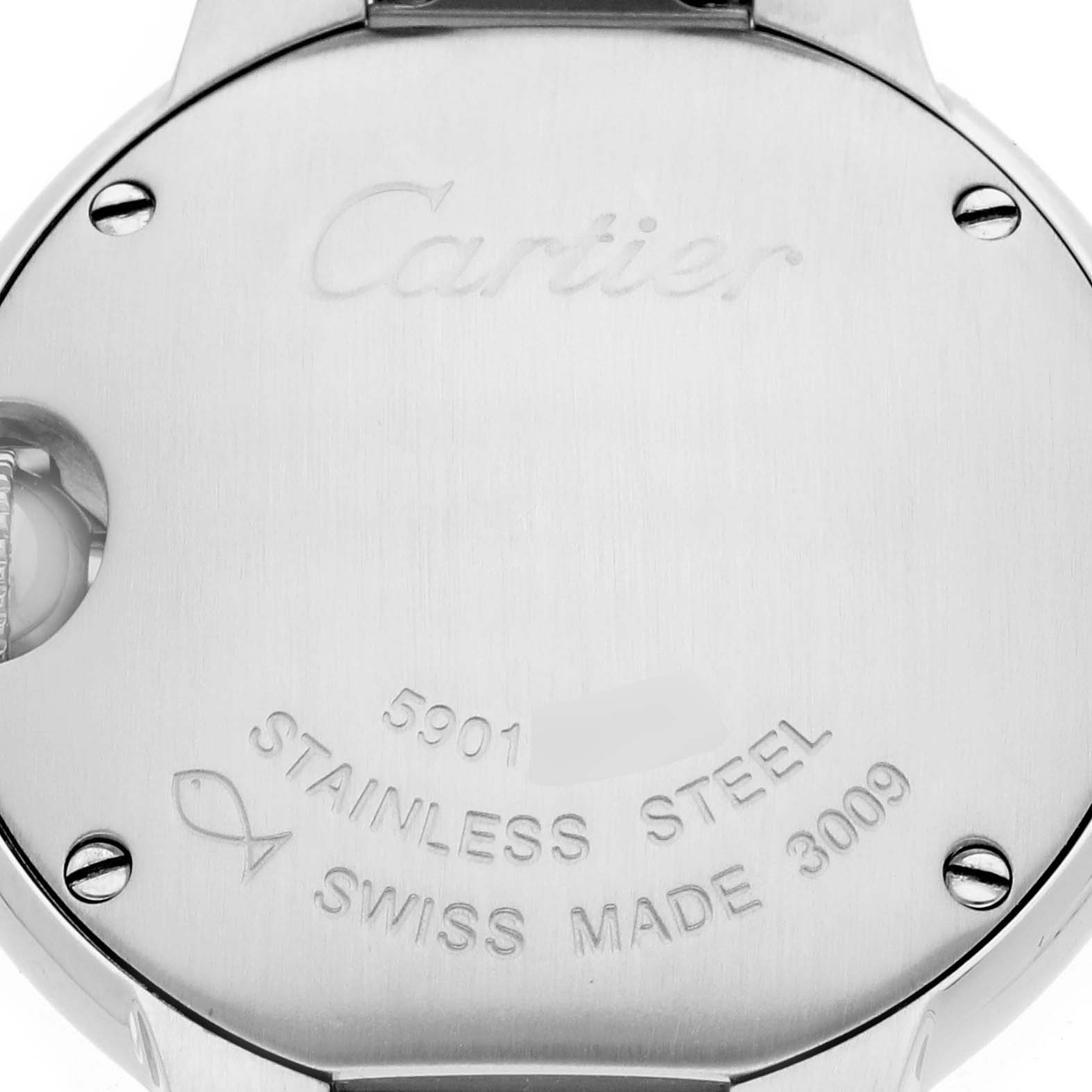 The image shows the back casing of a Cartier Ballon Bleu W4BB0015 Women's Stainless Steel Silver Dial watch, highlighting its engravings and stainless steel material.