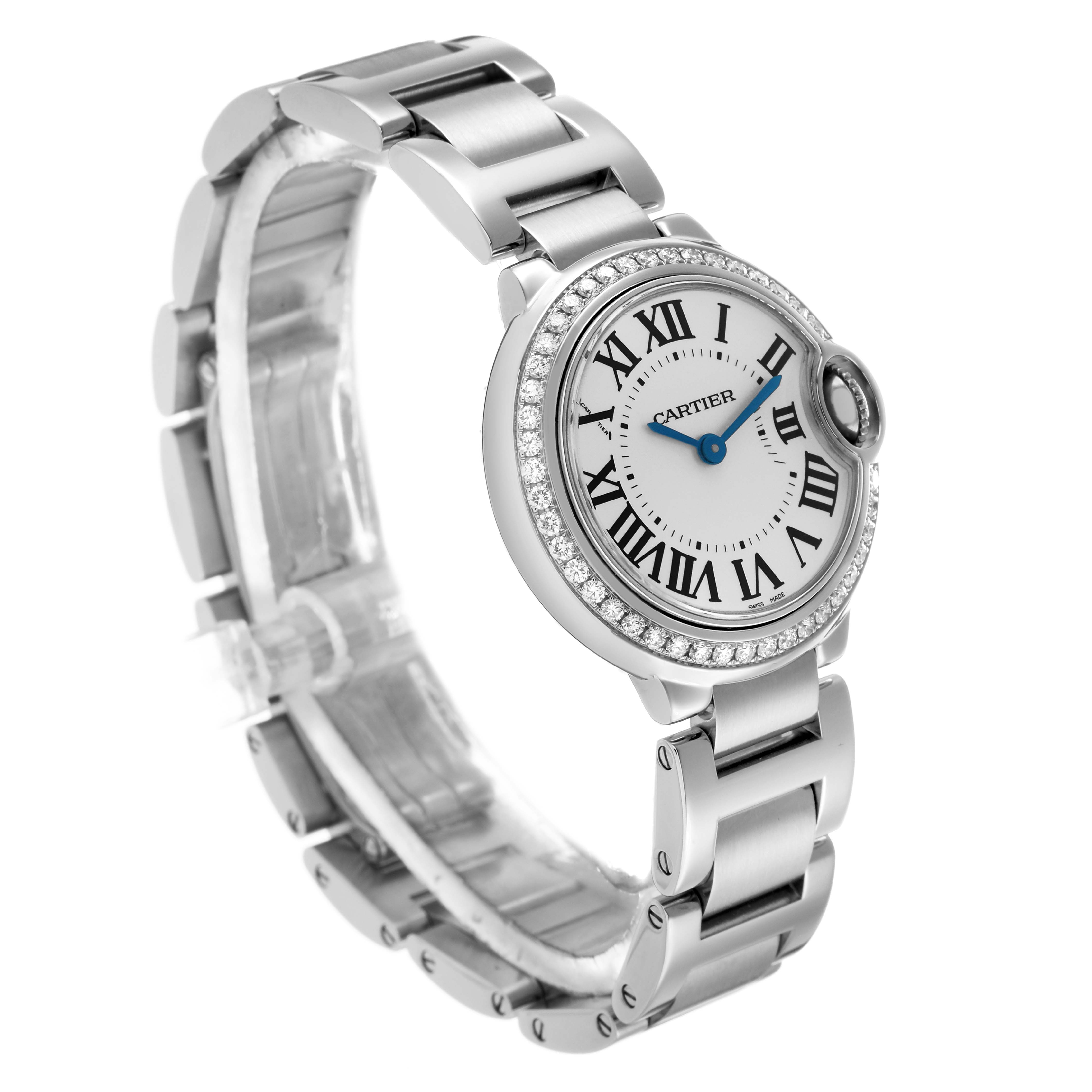 The Cartier Ballon Bleu W4BB0015 Women's Stainless Steel Silver Dial watch is shown at an angle highlighting its round face, diamond bezel, and metal bracelet.